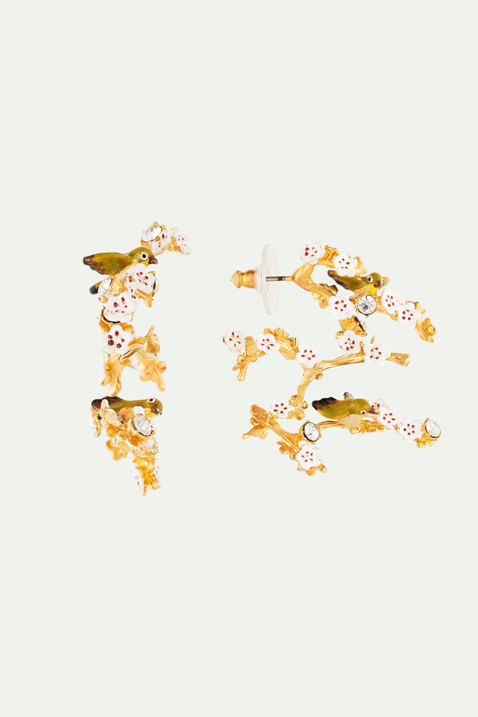 Boucles d'oreilles tiges branche de cerisier, oiseaux et cristaux