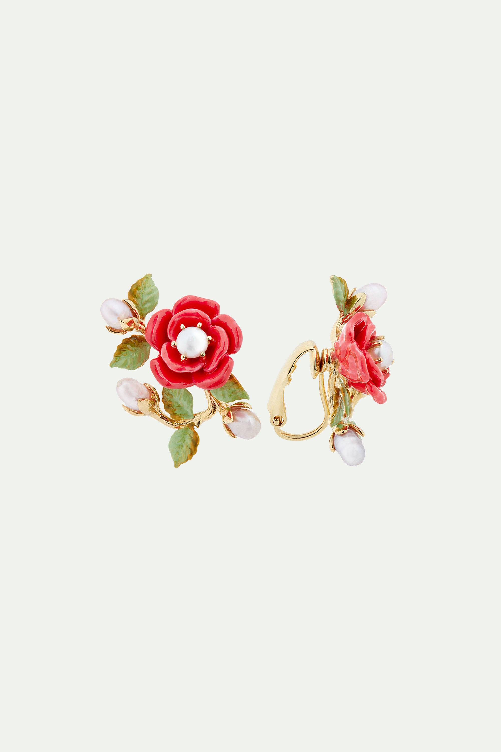Rose branch and cultured pearl clip-on earrings