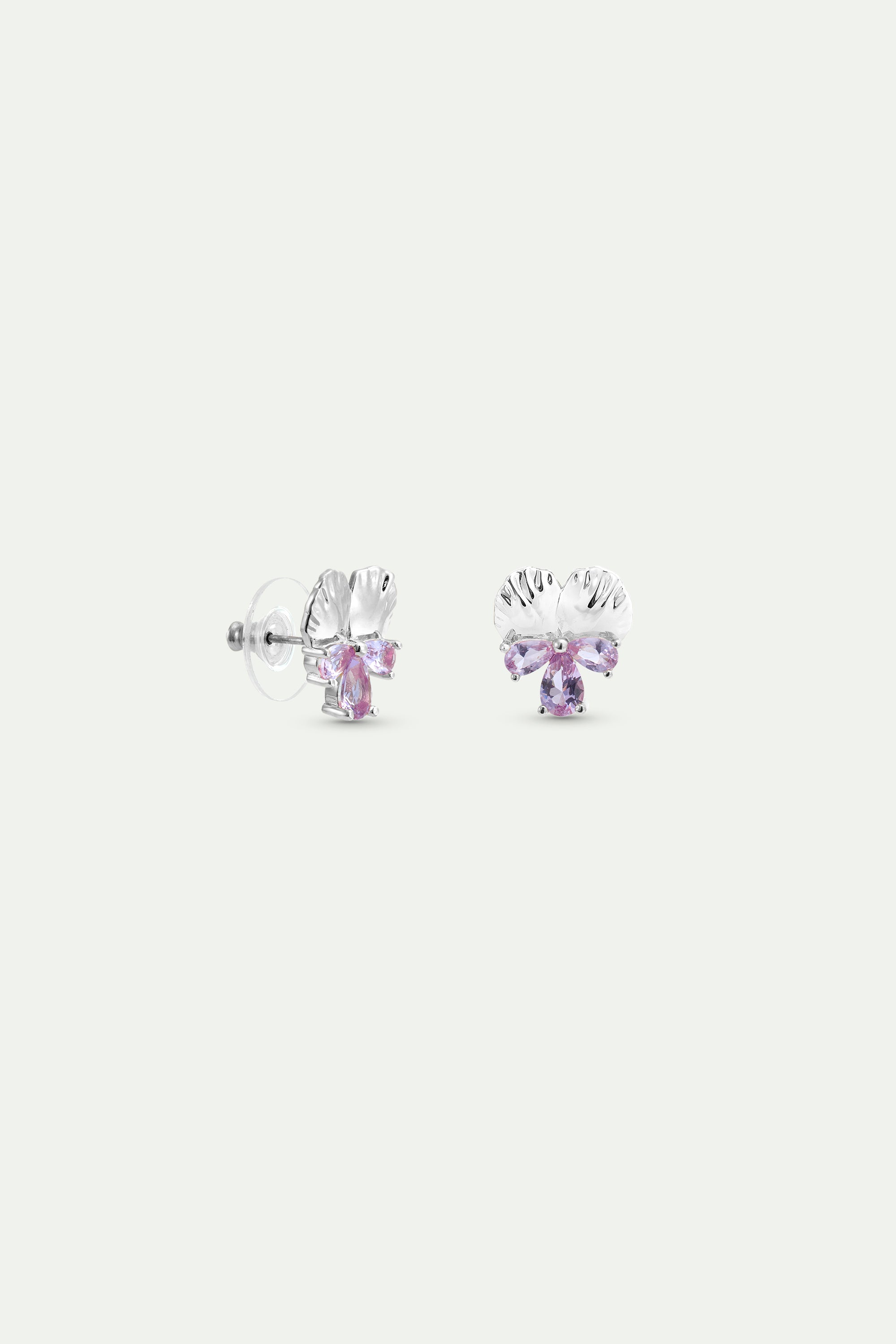 Silver earrings with pansy and pink stones