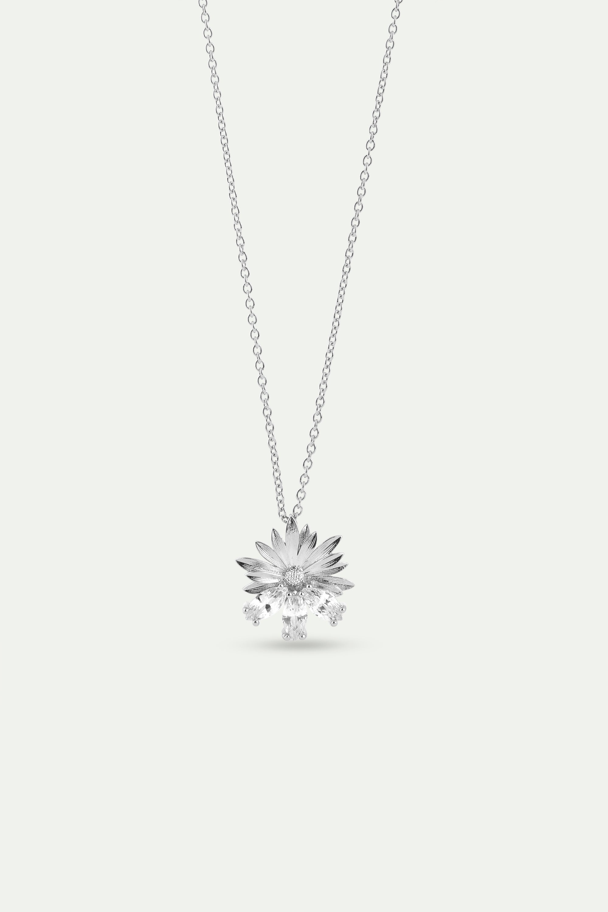Collier pendentif argenté marguerite et pierres blanches