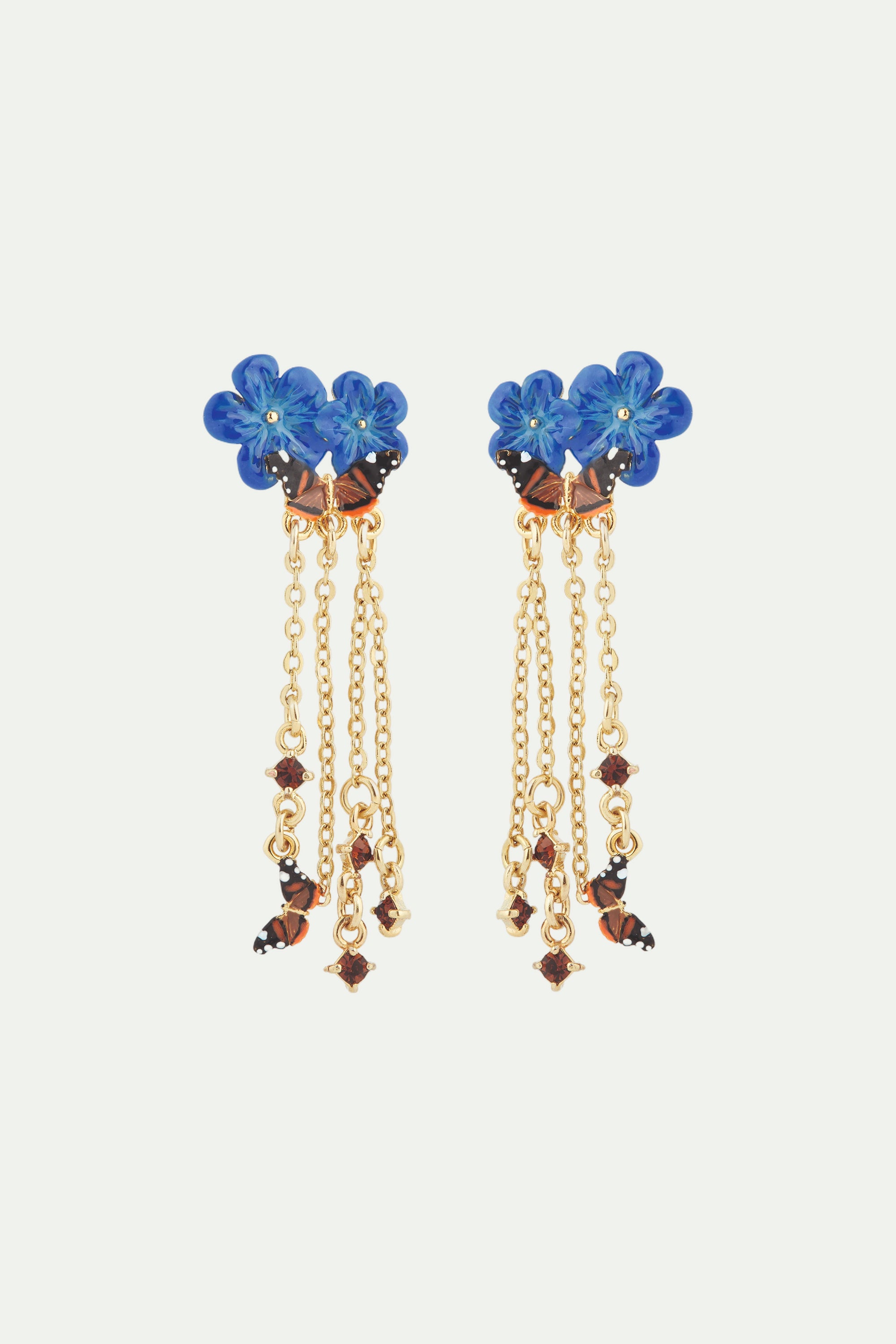 Blue flax flowers and butterfly dangling earrings