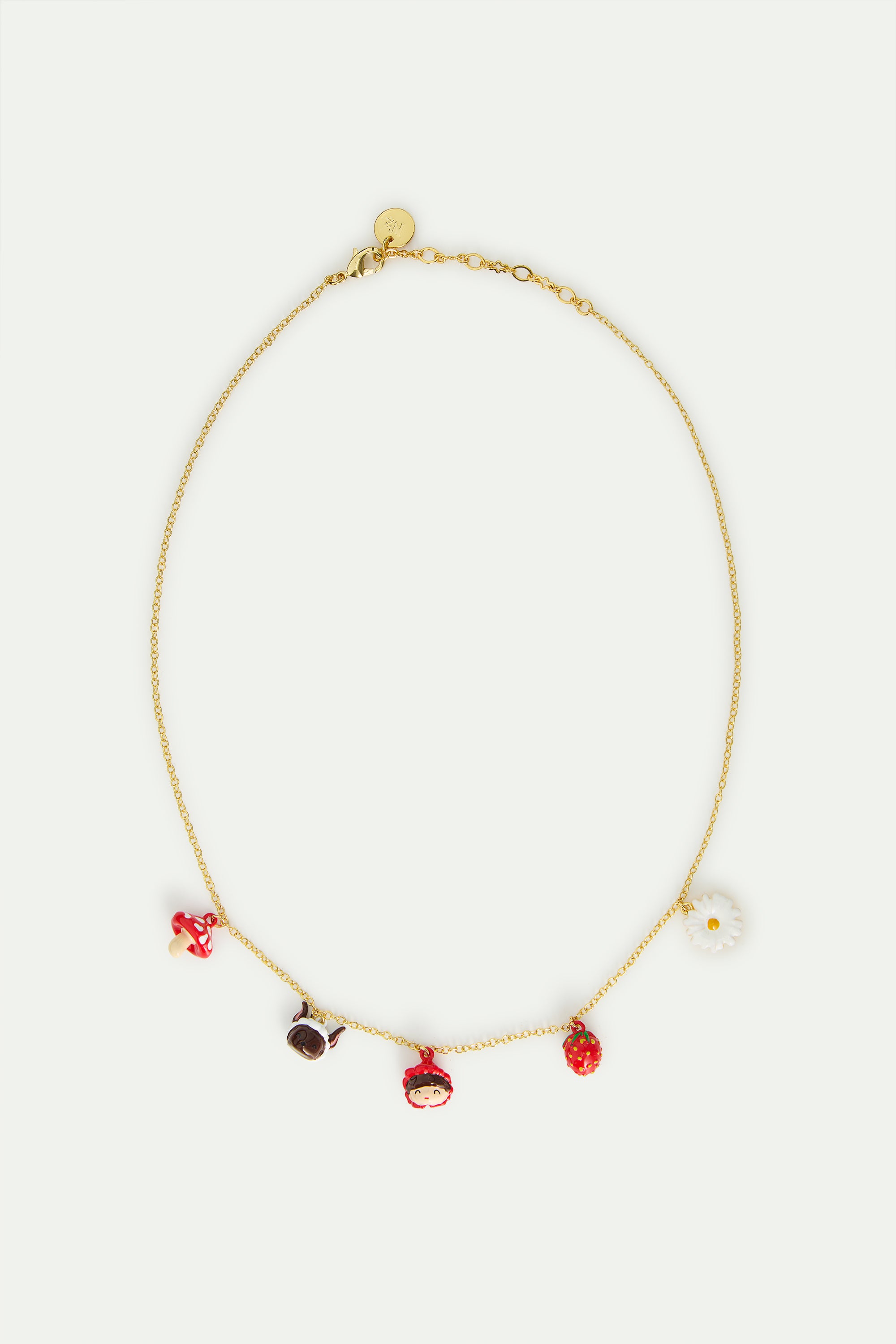 Collier pendentif Le Petit Chaperon rouge, le Loup, champignon, fraise et marguerite