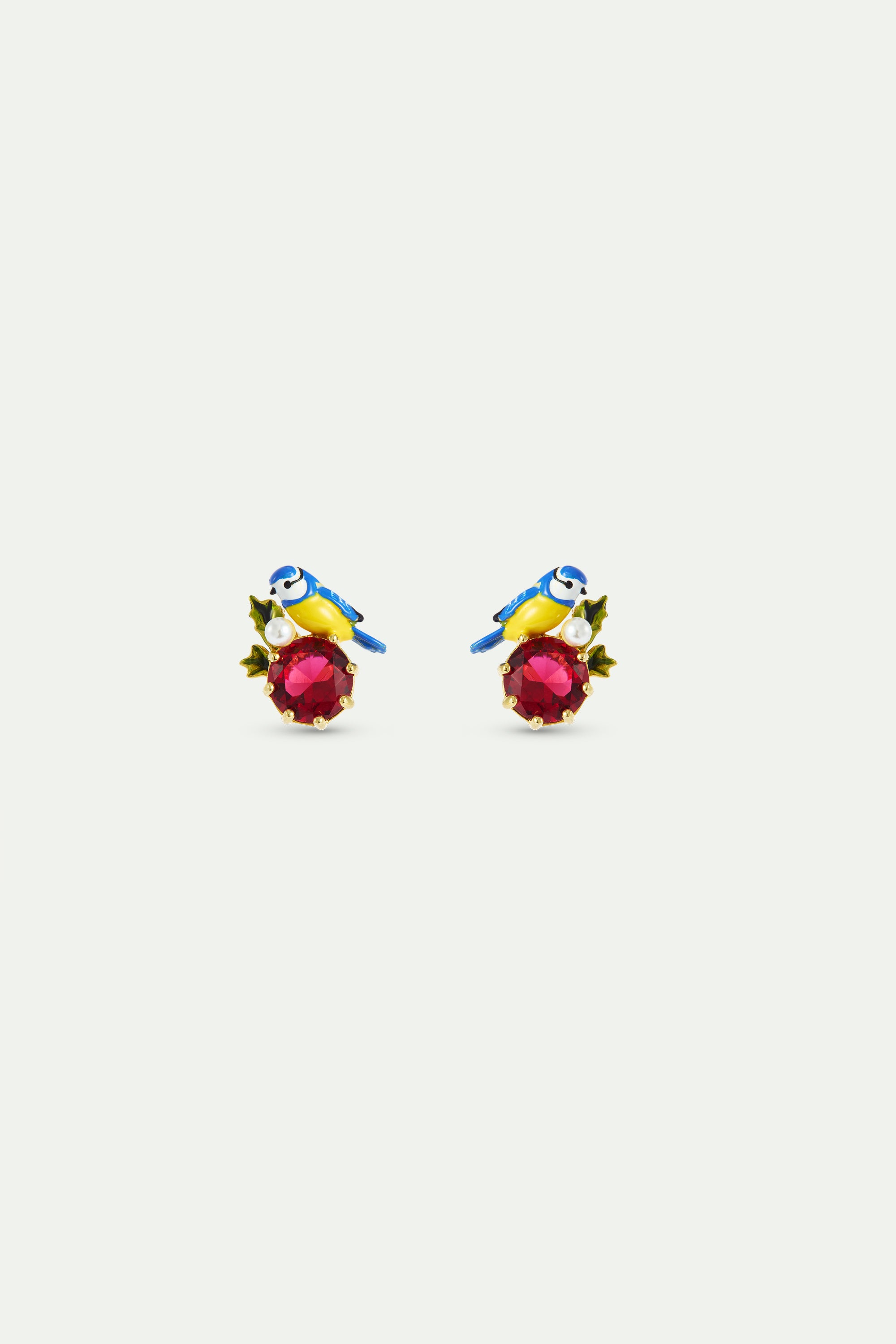 Boucles d'oreilles tiges mésanges et pierre ronde rouge