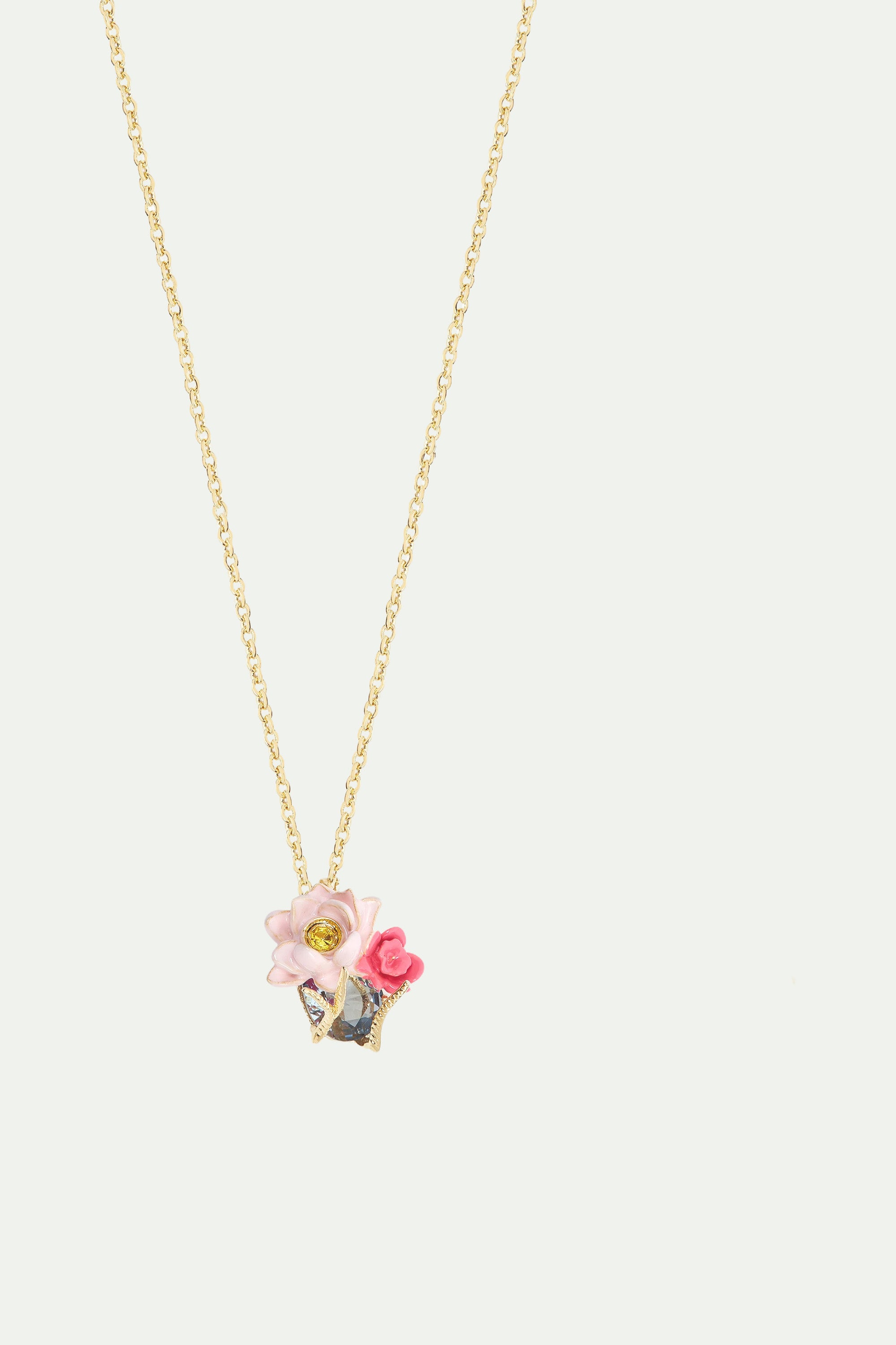 Pink lotus and light blue pendant necklace