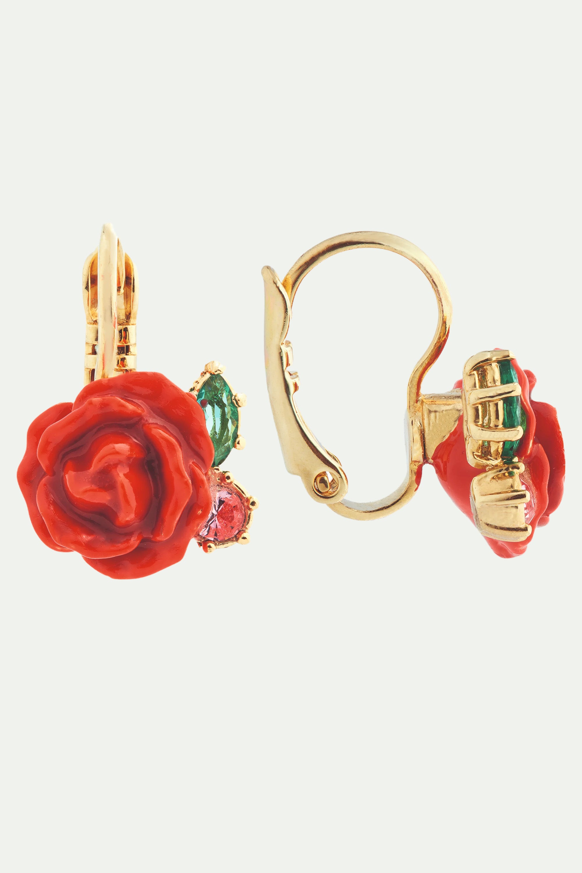Red rose and pink crystal sleeper earrings