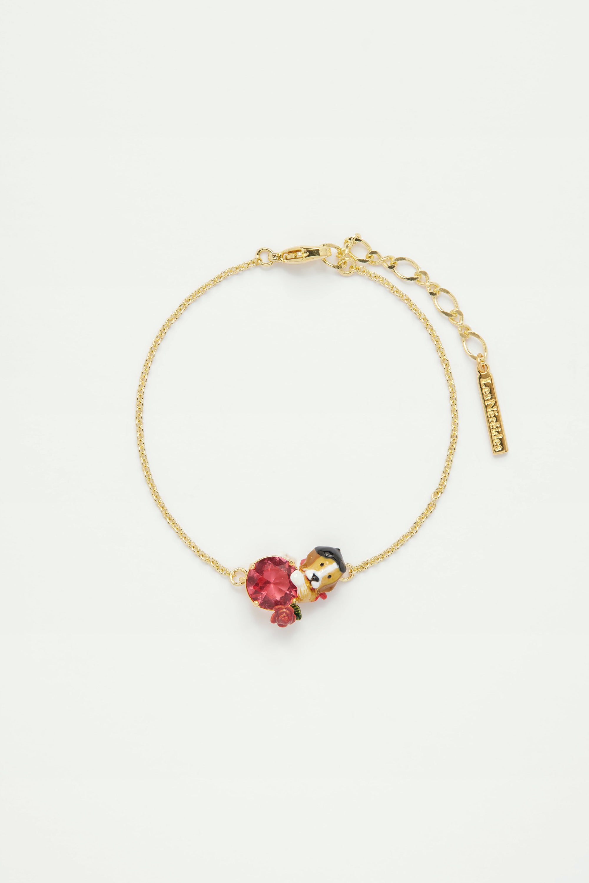 Bracelet fin beagle et pierre en verre taillé rose