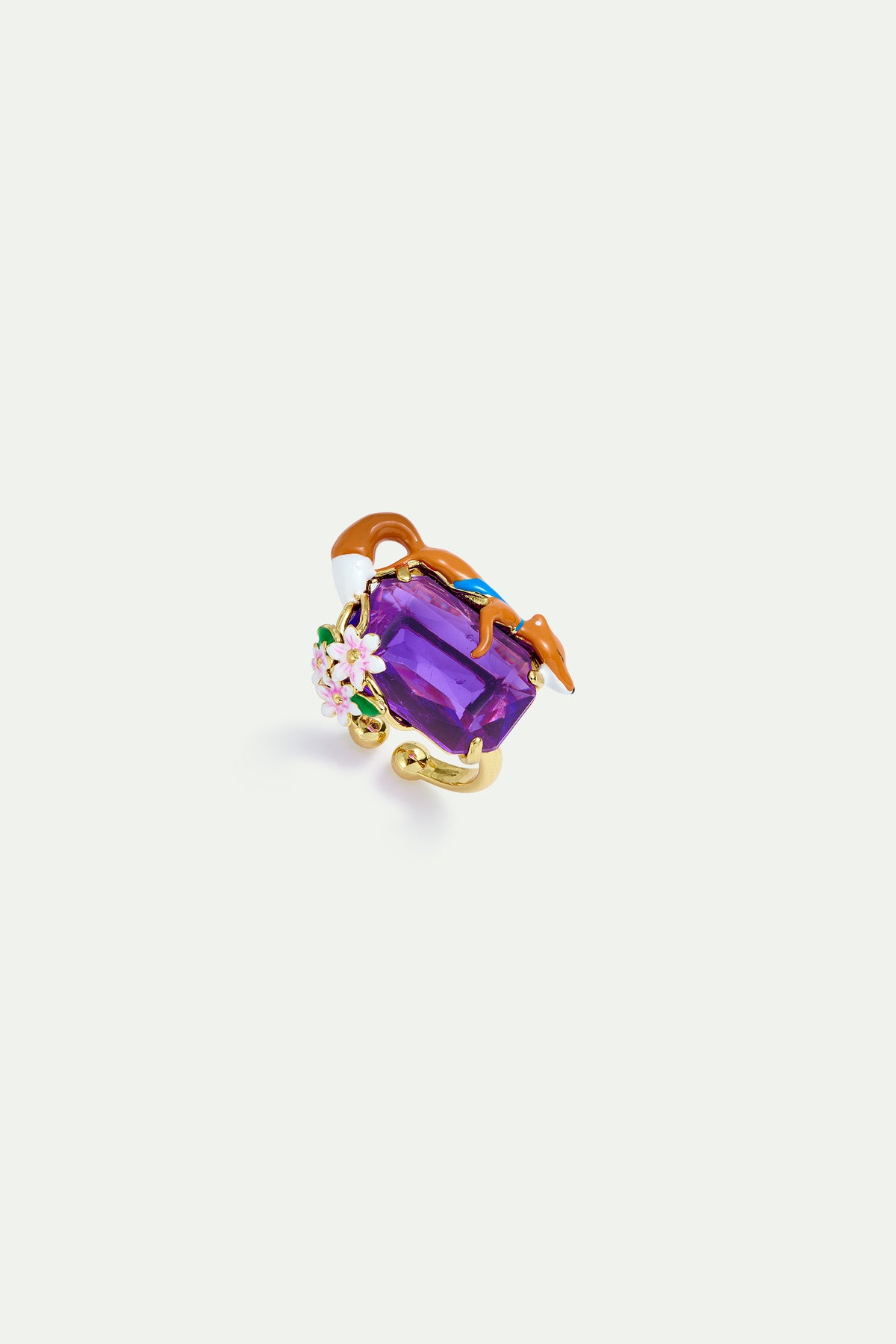 Purple rectangular stone, fox and flower pendant ring