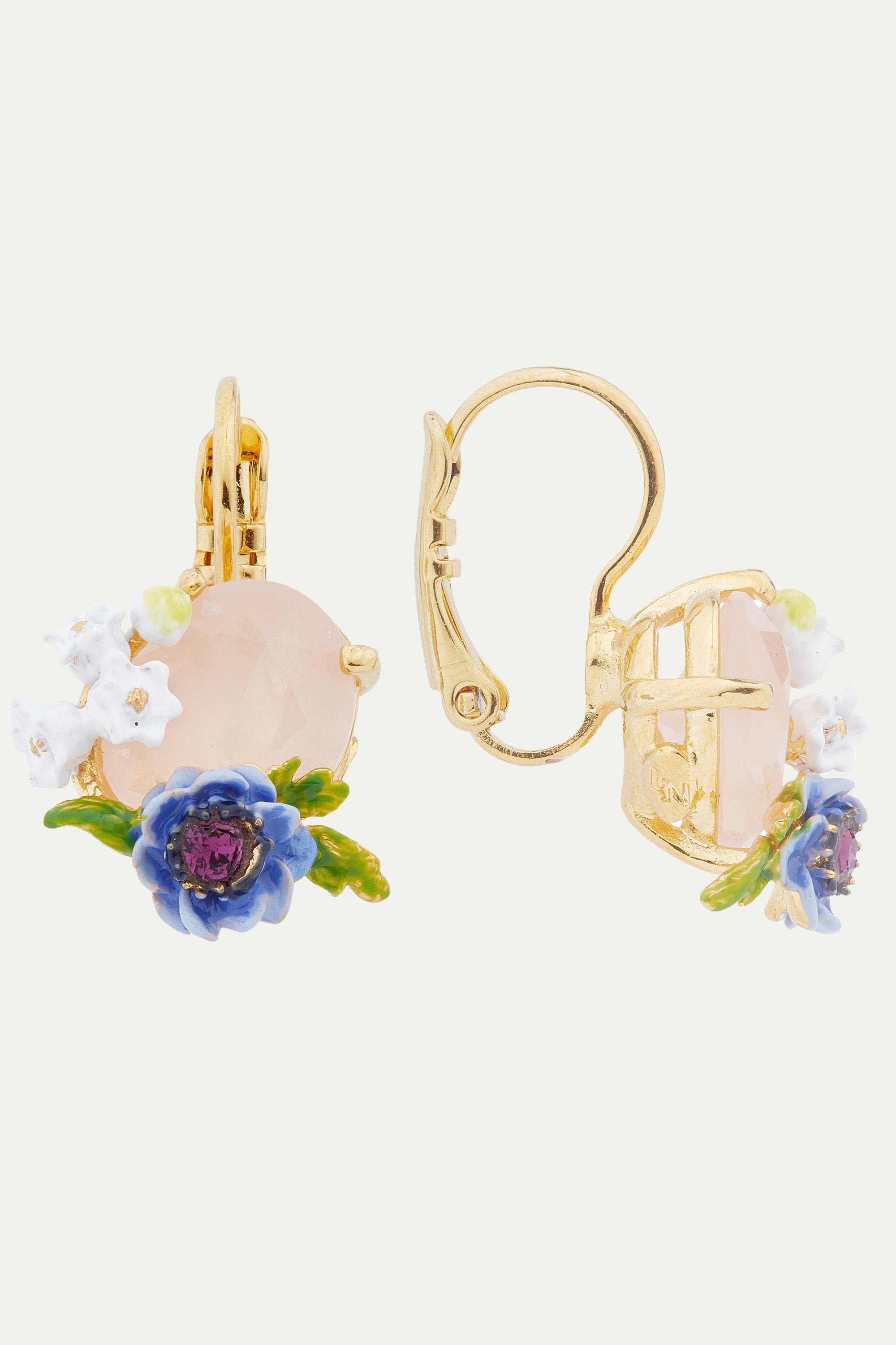 Rose quartz and floral composition sleeper earrings