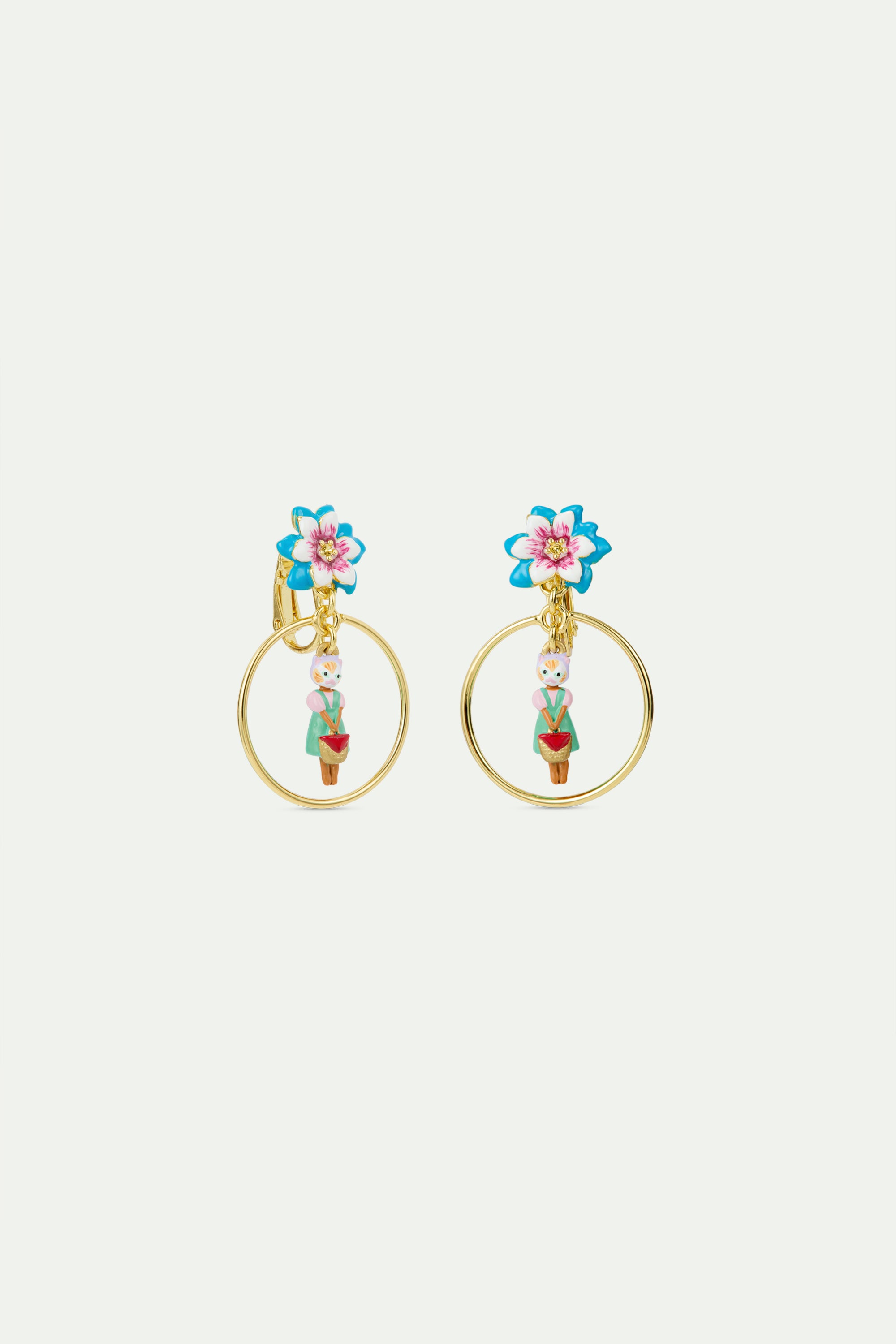 Pendientes criollas colgantes gato pelirrojo y flor azul
