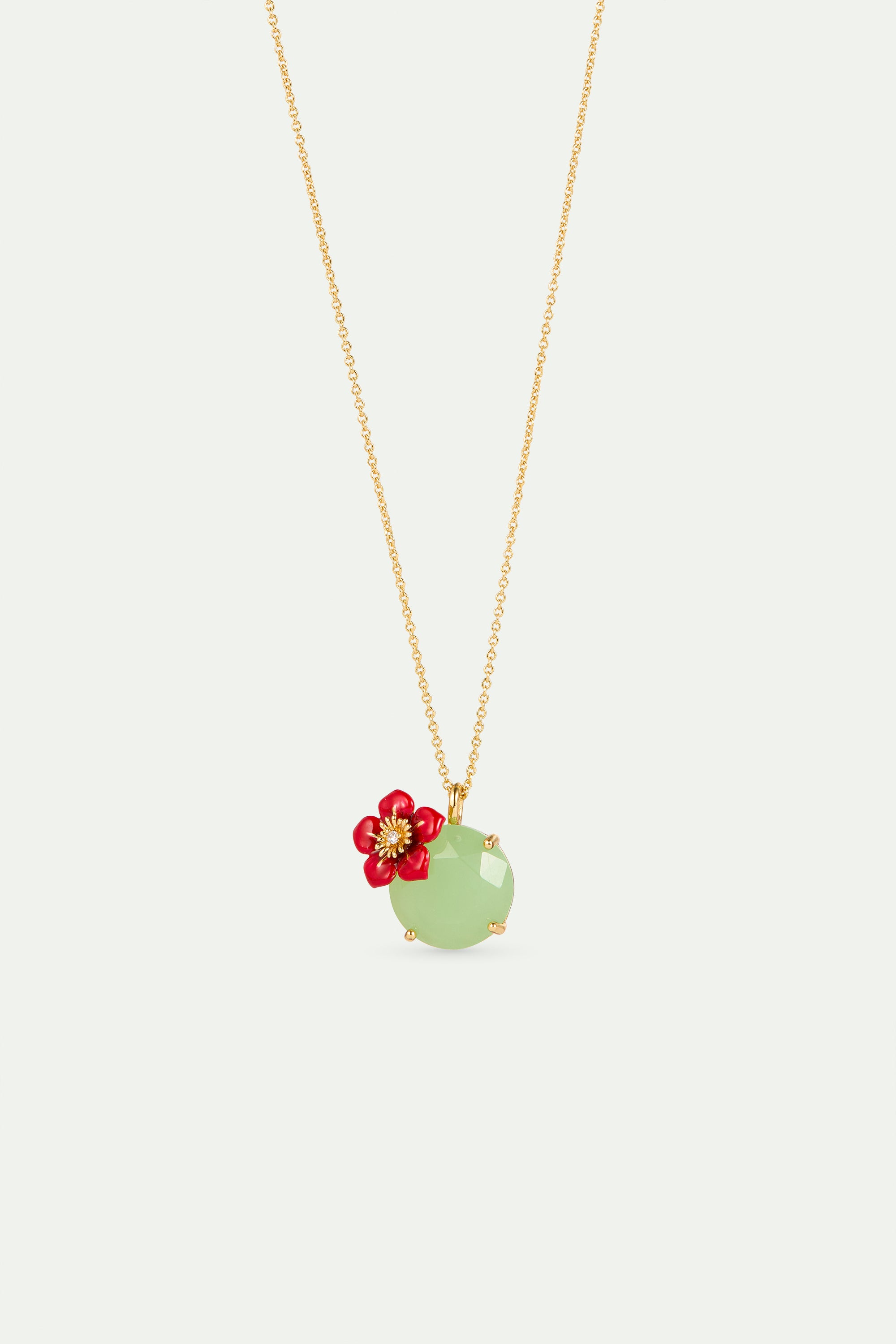 Collier pendentif pierre ronde verte et fleur de prunier