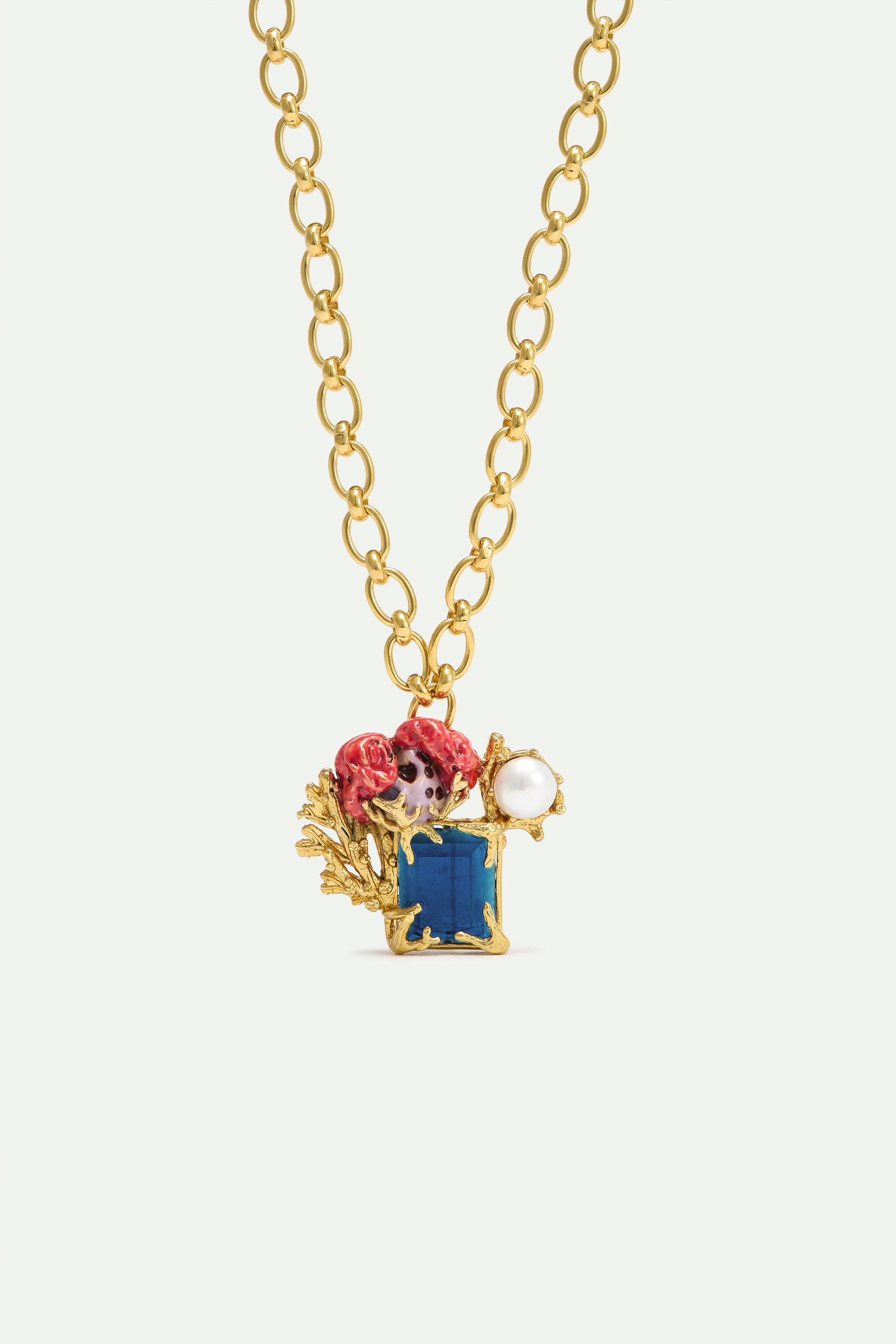 Collier pierre bleue carrée, corail et perle