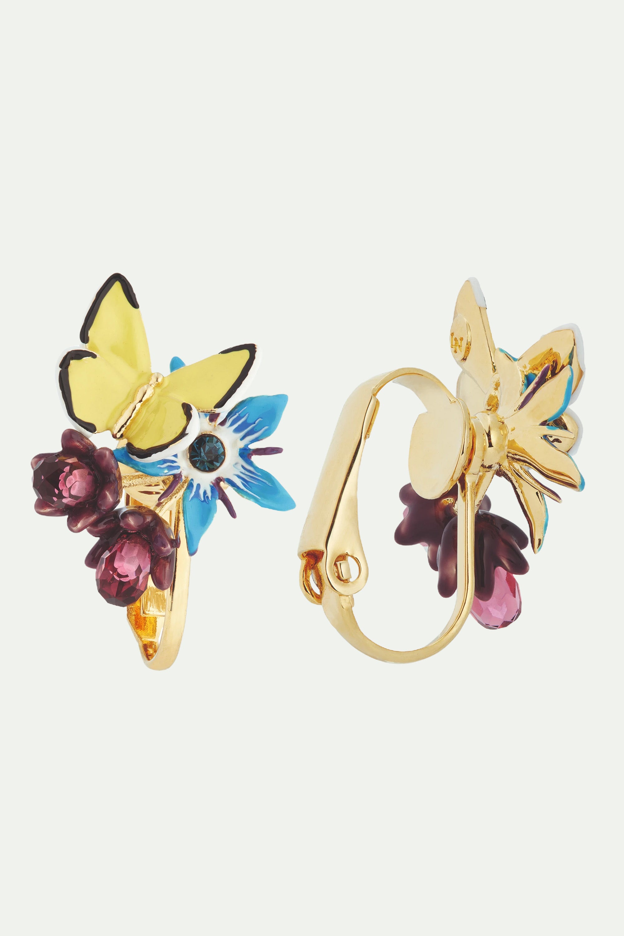 Blue flower and yellow butterfly post earrings