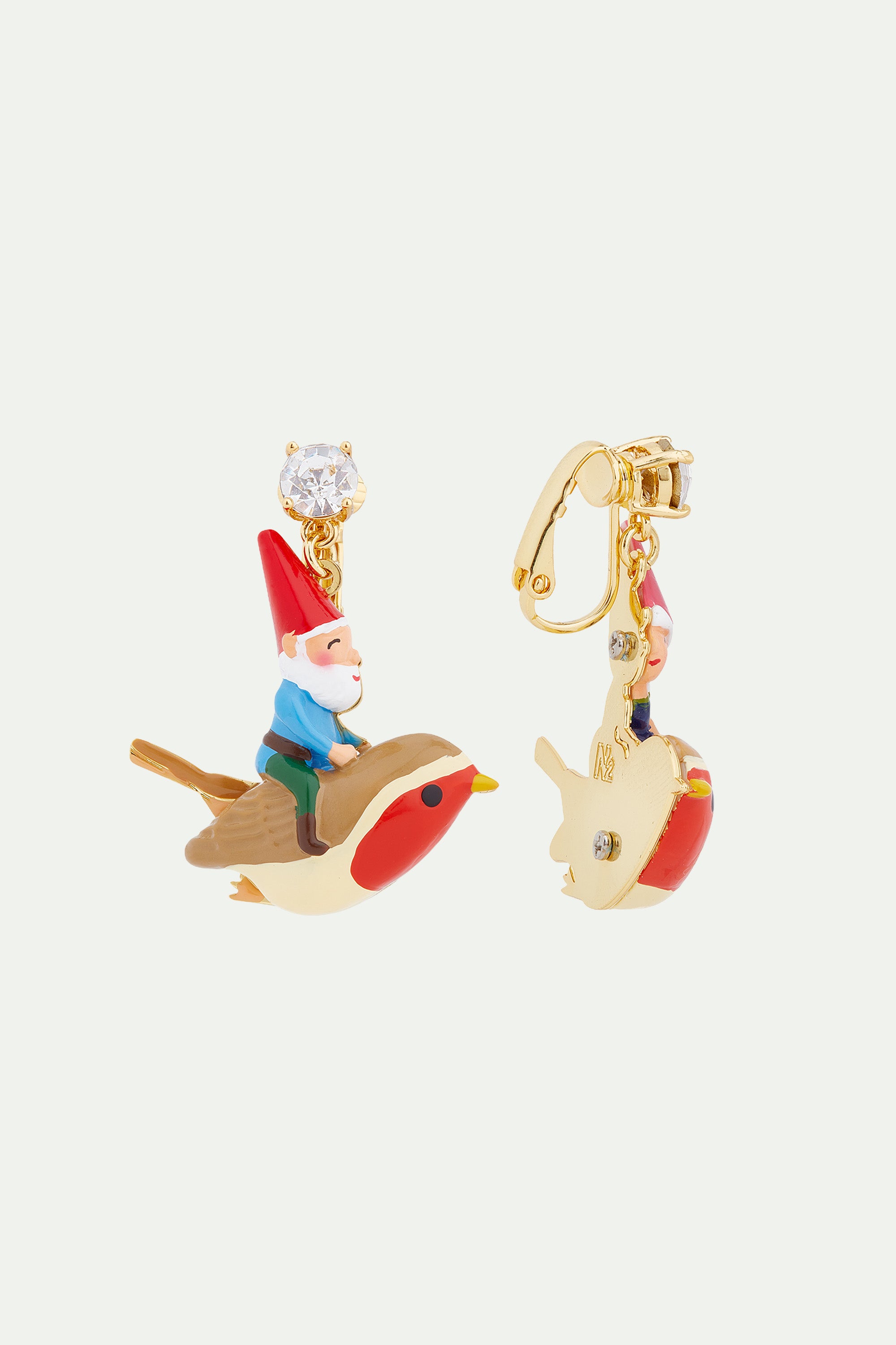 Garden gnome and bird asymmetrical clip-on earrings