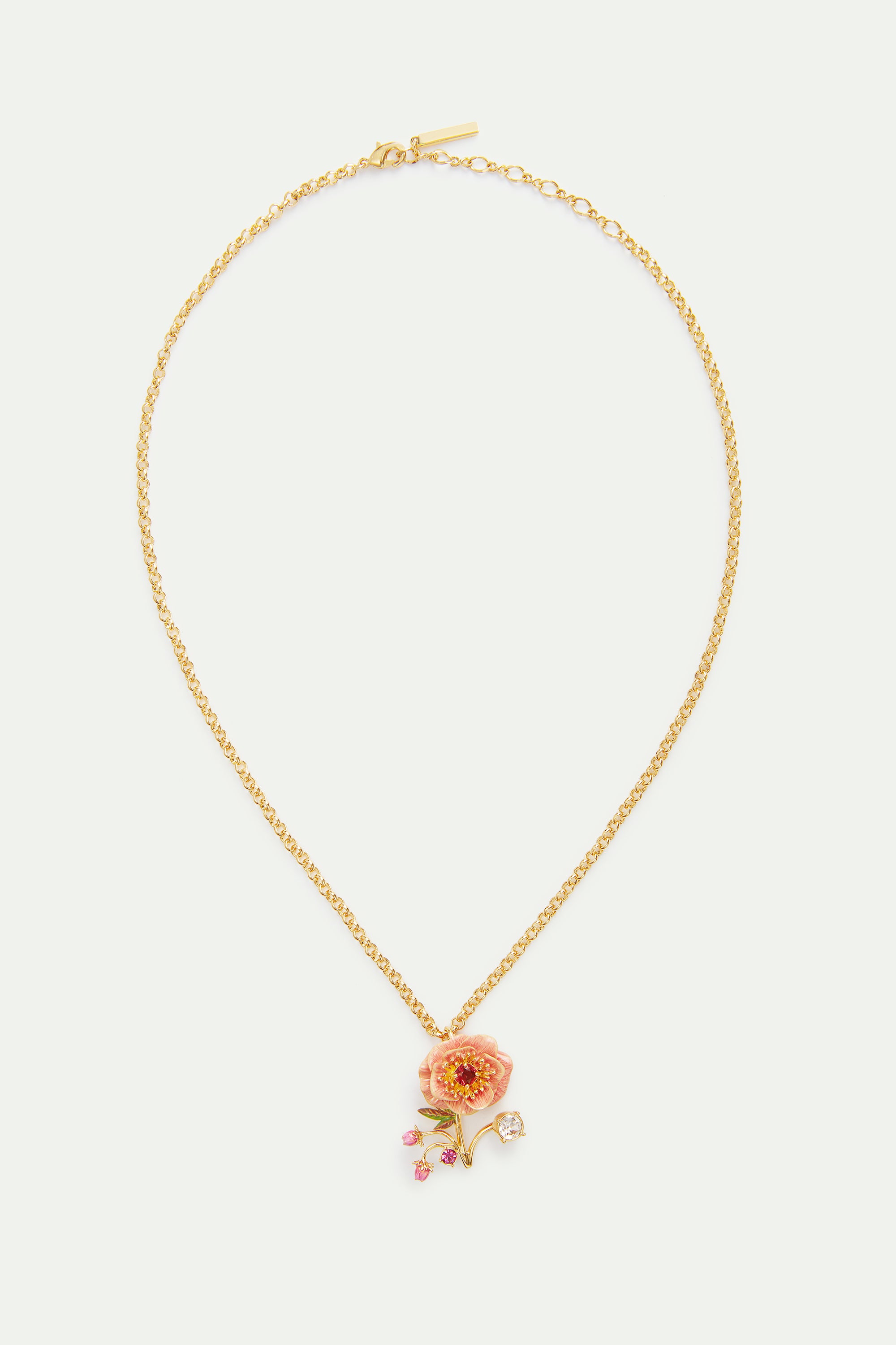 Collier anémone rose, boutons de rose et cristal
