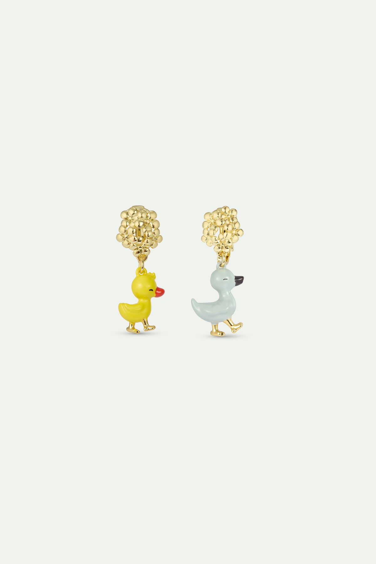 Boucles d'oreilles asymétriques Petit Canard jaune et bleu, fleurs dorées