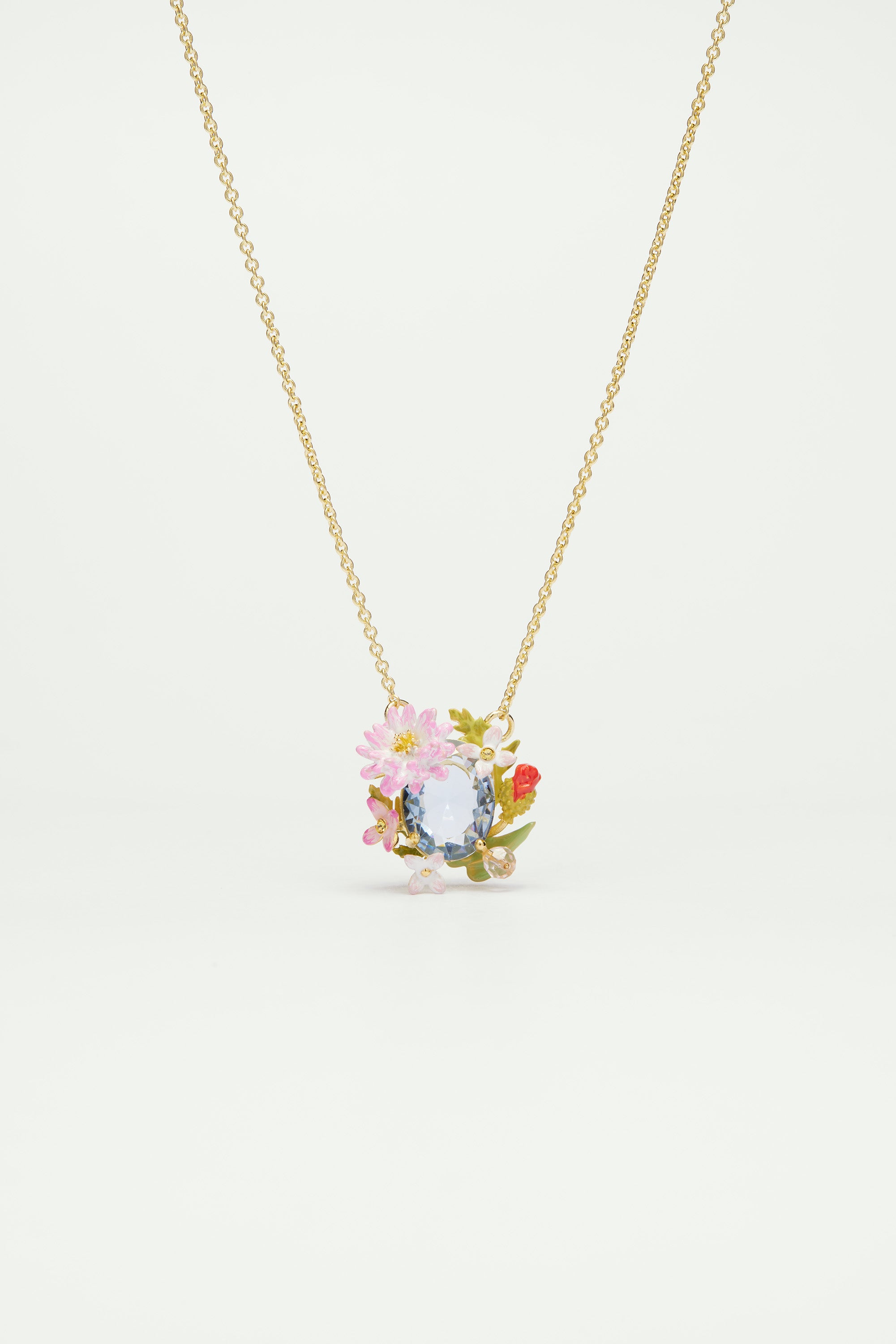 Poppy, daisy and blue cut glass stone pendant necklace