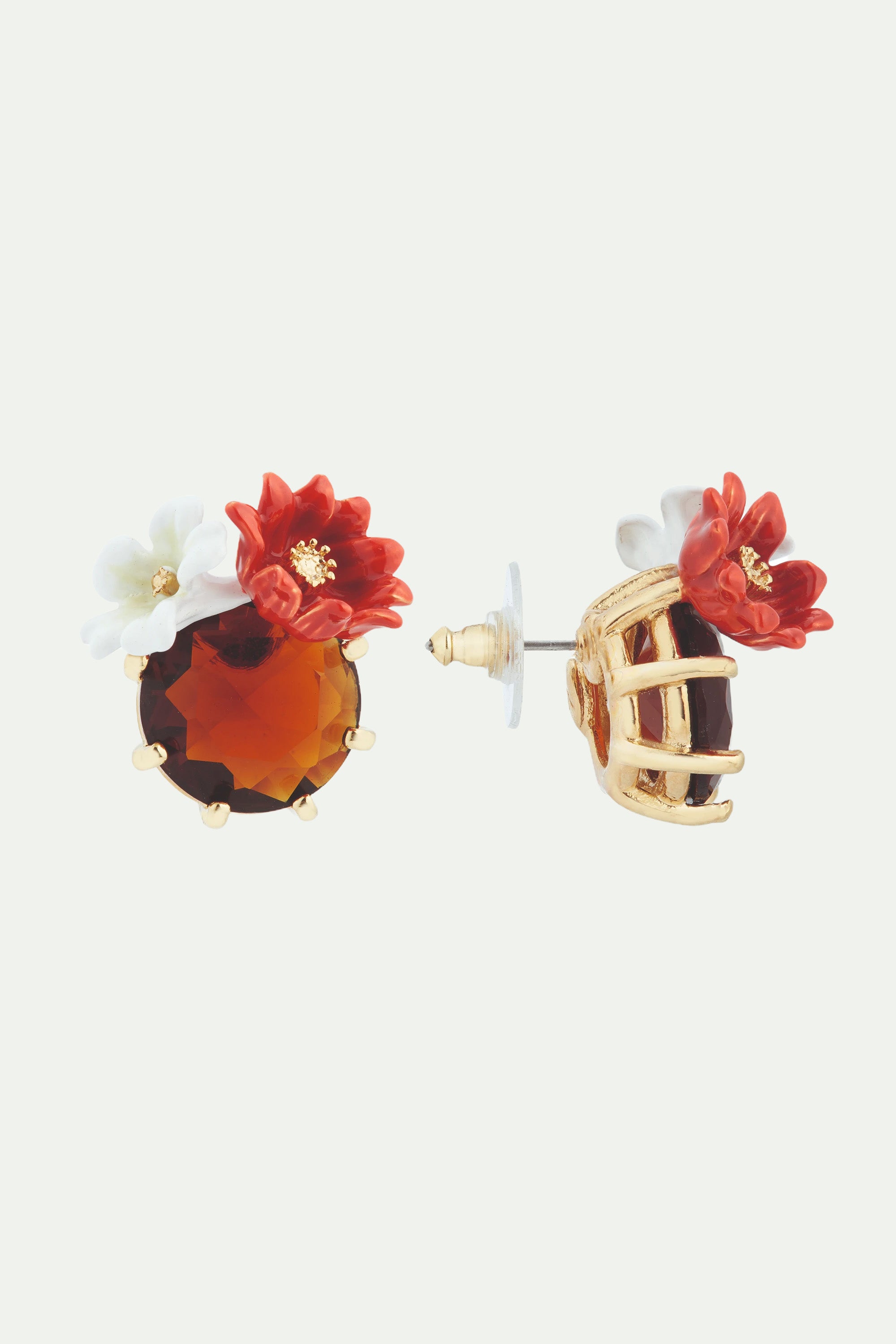 Two flowers and faceted glass post earrings
