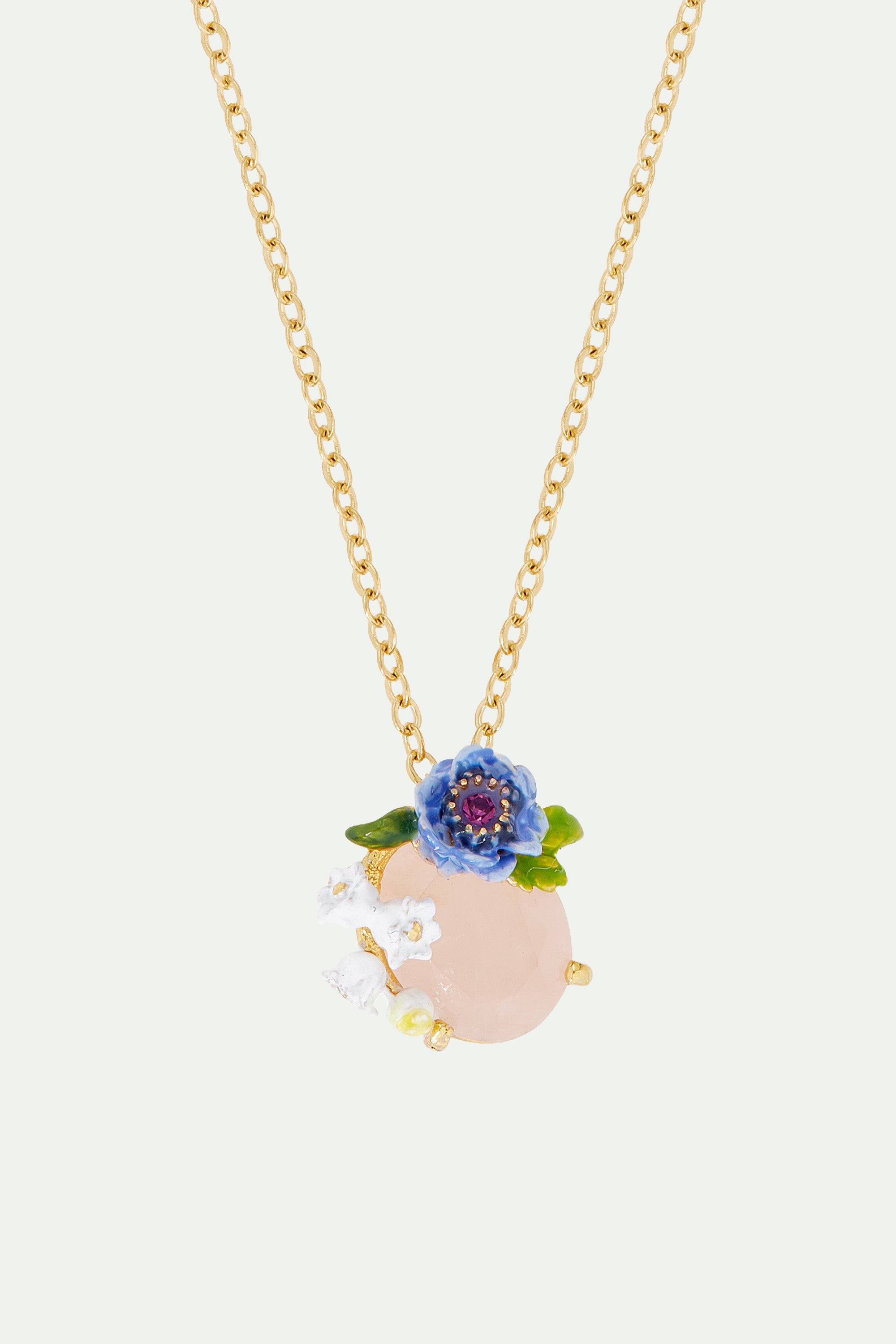 Rose quartz and floral composition pendant necklace