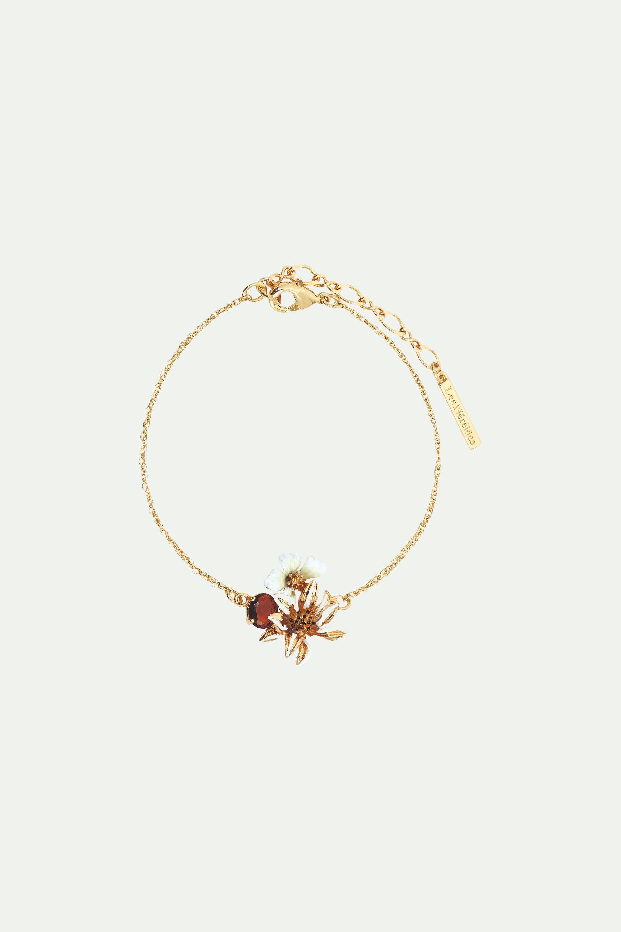 White and gold flowers and round faceted glass stone fine bracelet