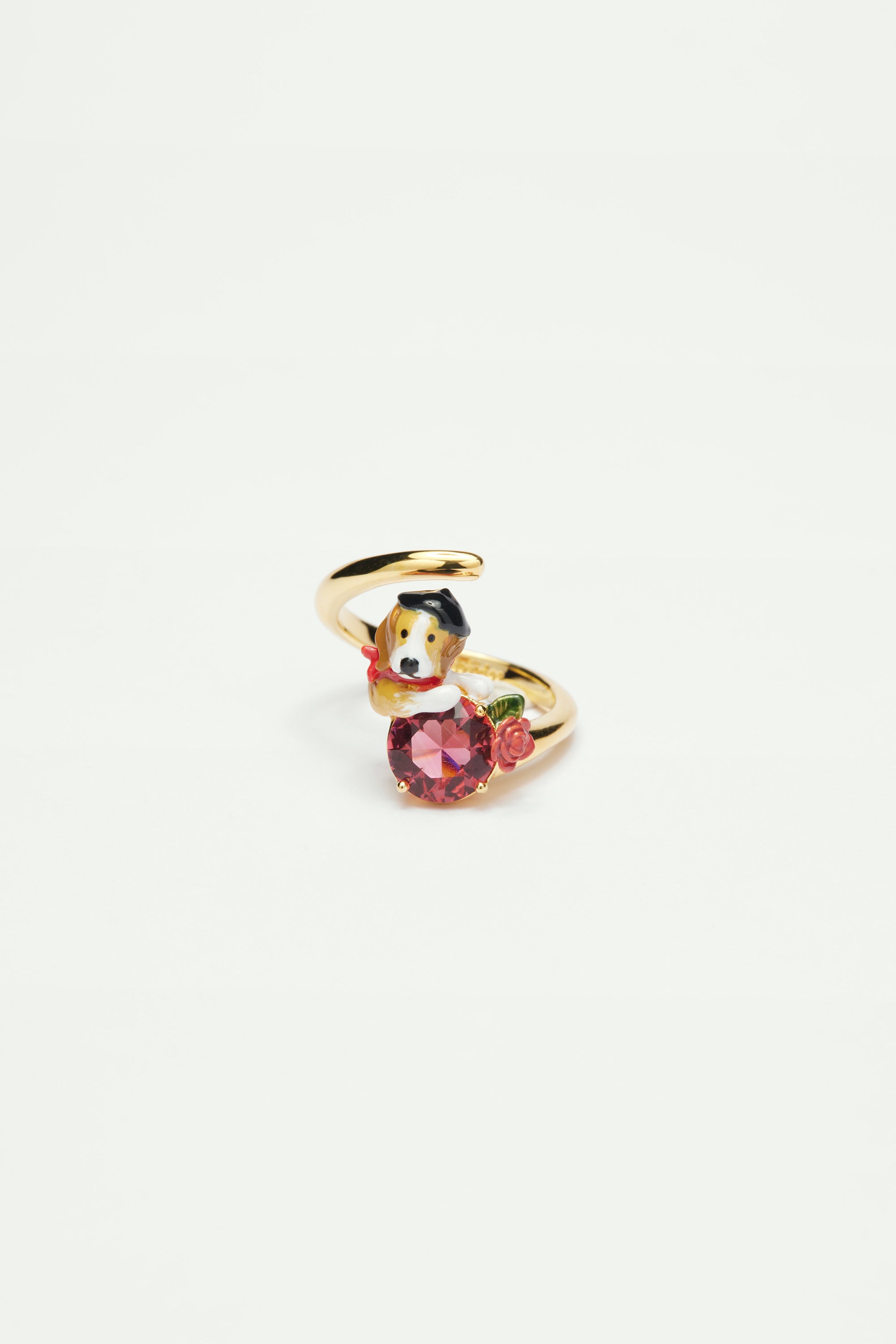 Beagle and pink cut glass stone adjustable ring