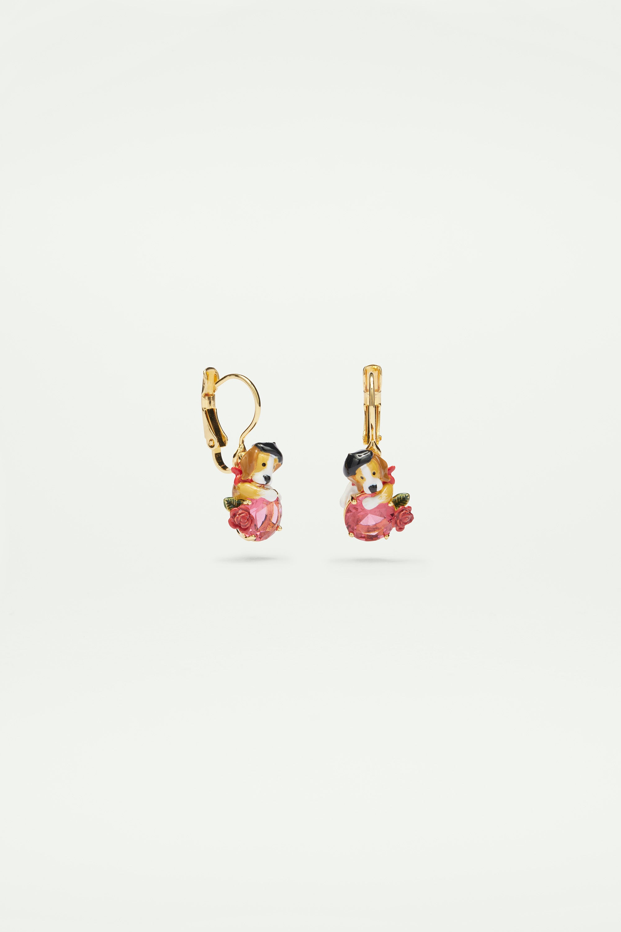 Boucles d'oreilles dormeuses beagle et pierre en verre taillé rose