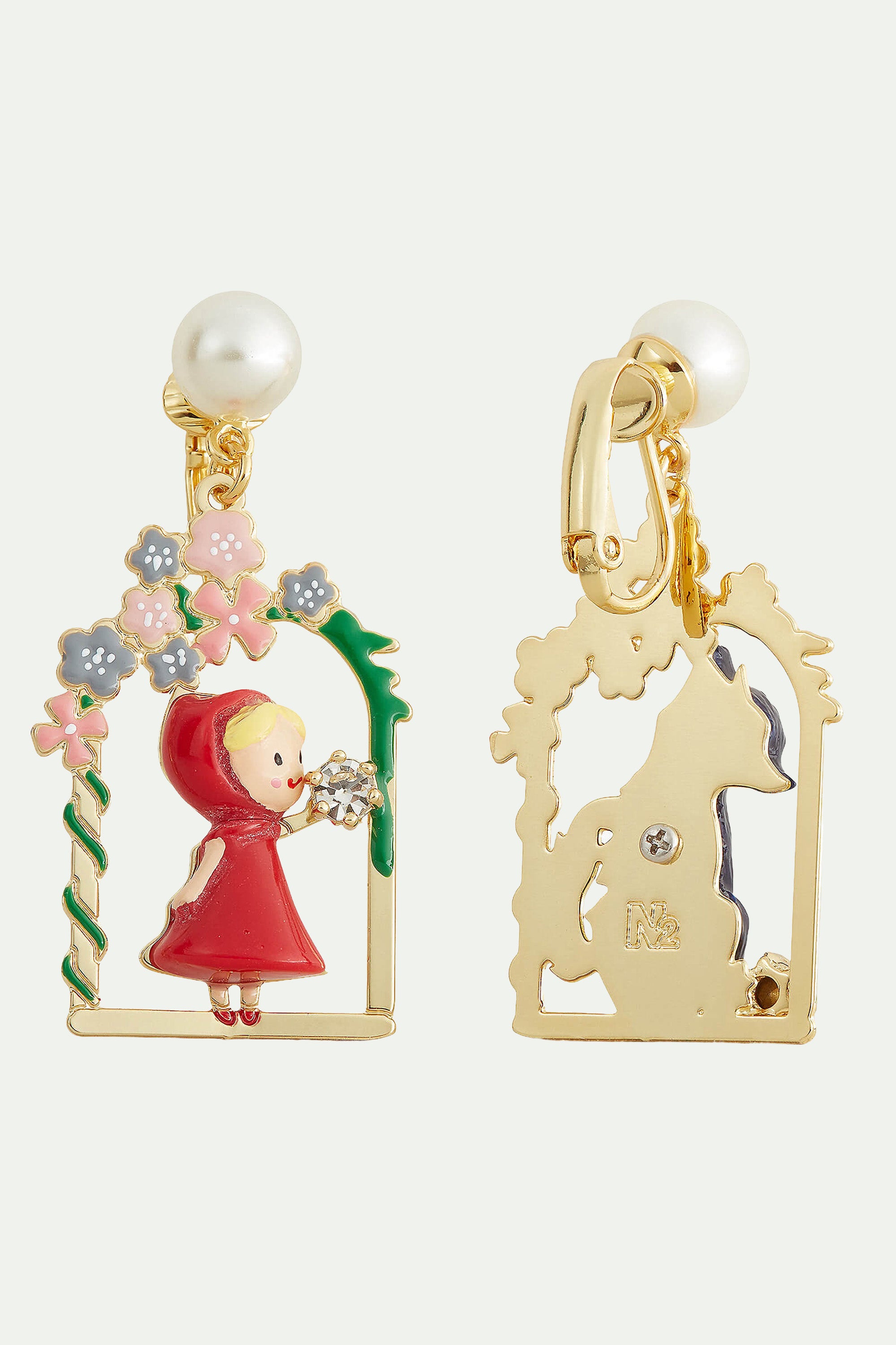 Boucles d'oreilles le petit chaperon rouge, le grand méchant loup et perle