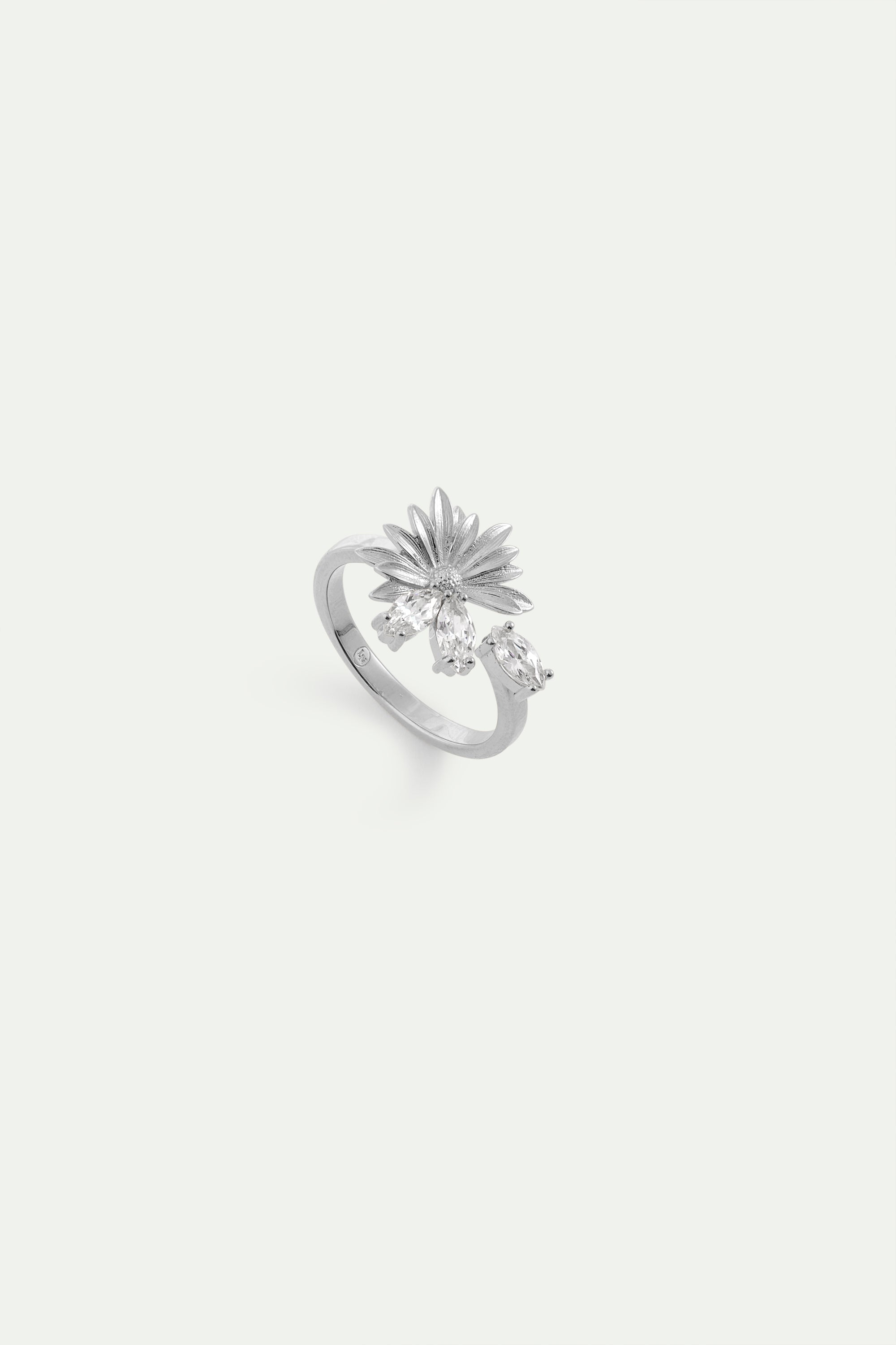 Bague ajustable argentée fleur de marguerite et pierres blanches