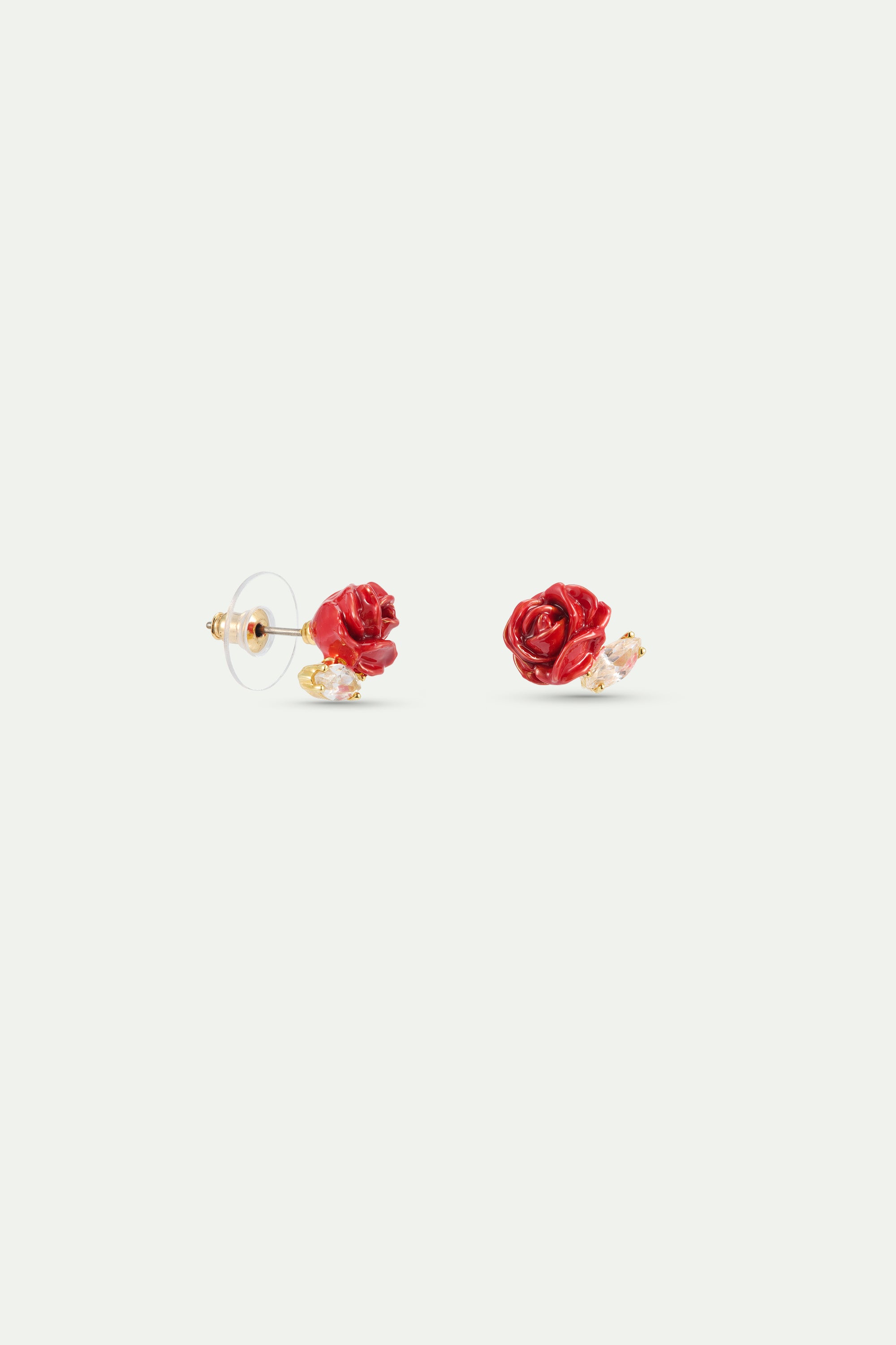 Boucles d’oreilles tiges bouton de rose rouge et cristal taillé