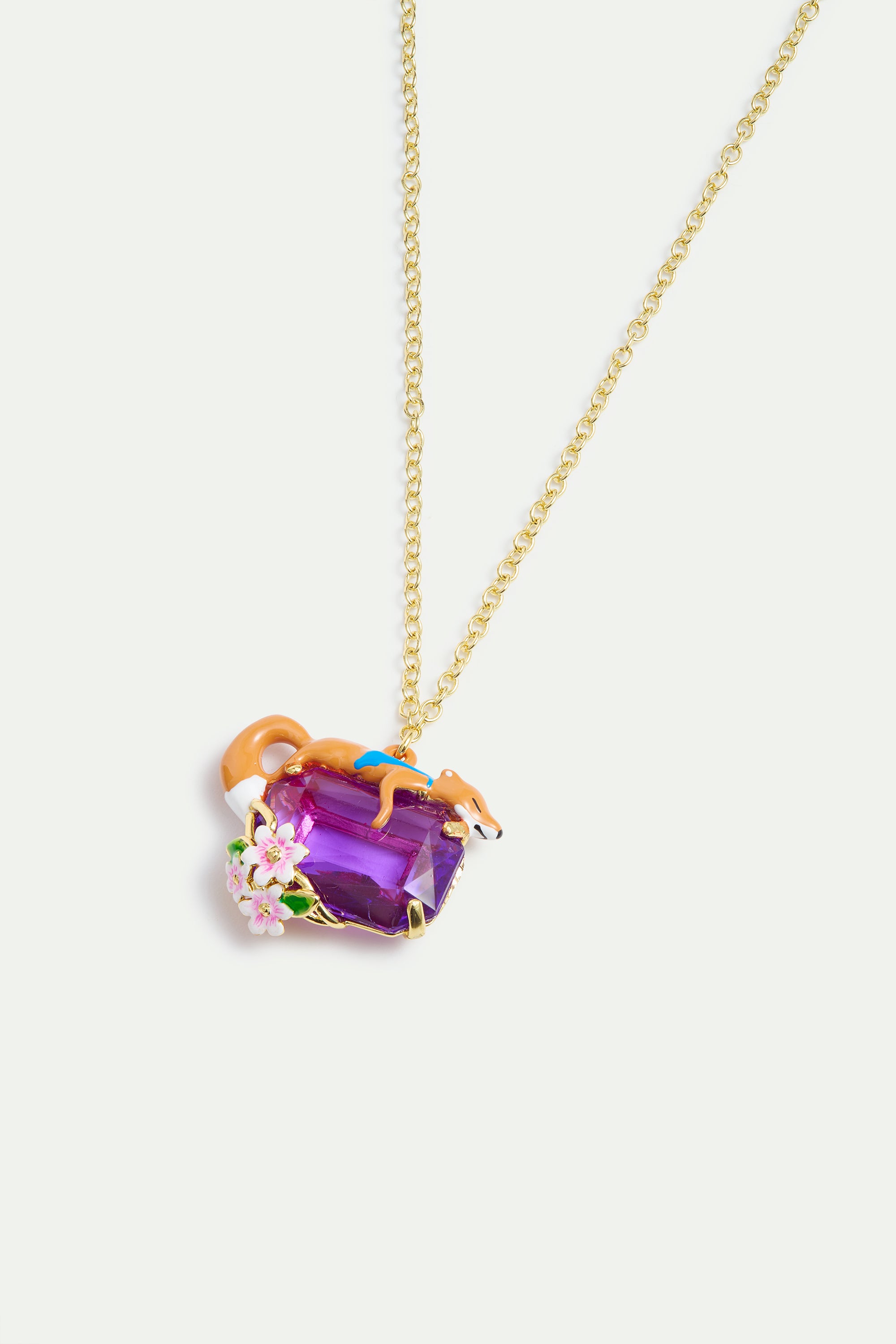 Collier pendentif pierre rectangulaire violette, Renard et fleurs