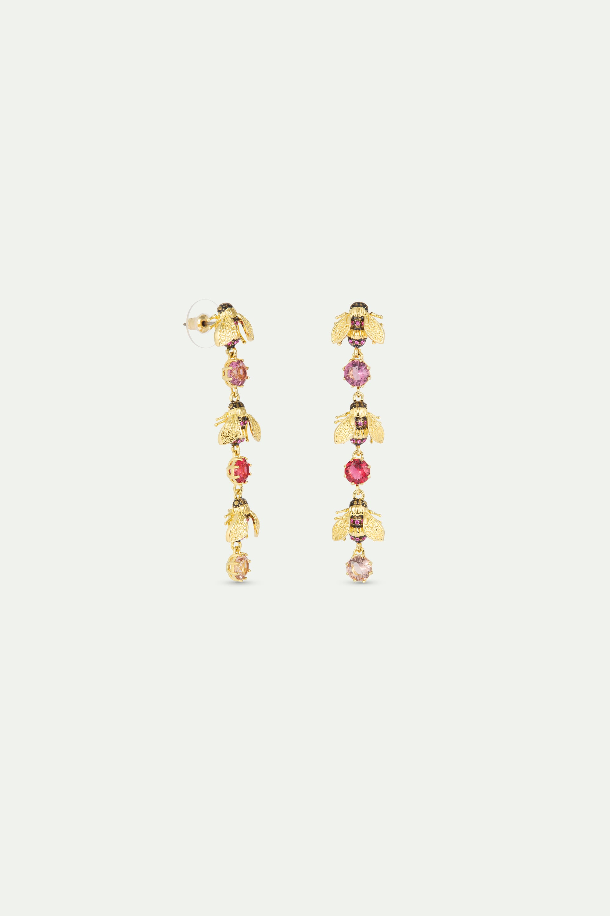 Boucles d'oreilles pendantes abeilles dorées et pierres rondes roses
