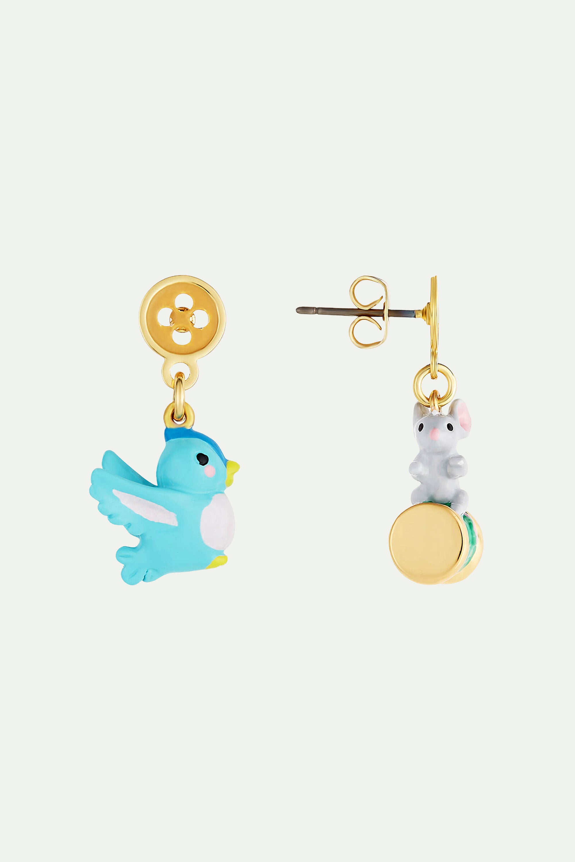 Boucles d'oreilles oiseau, souris, bouton et bobine de fil
