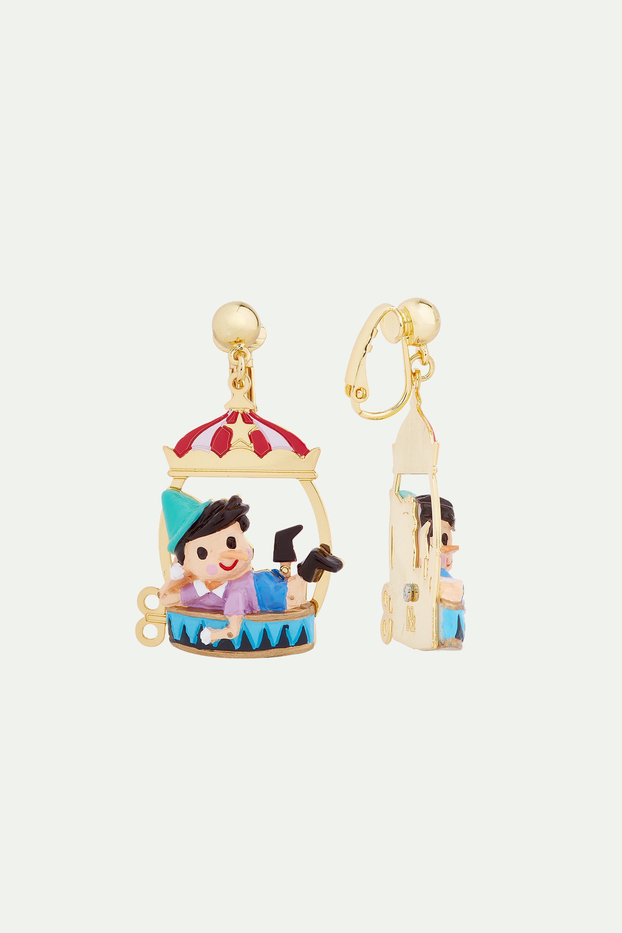 Pinocchio and circus tent clip-on earrings