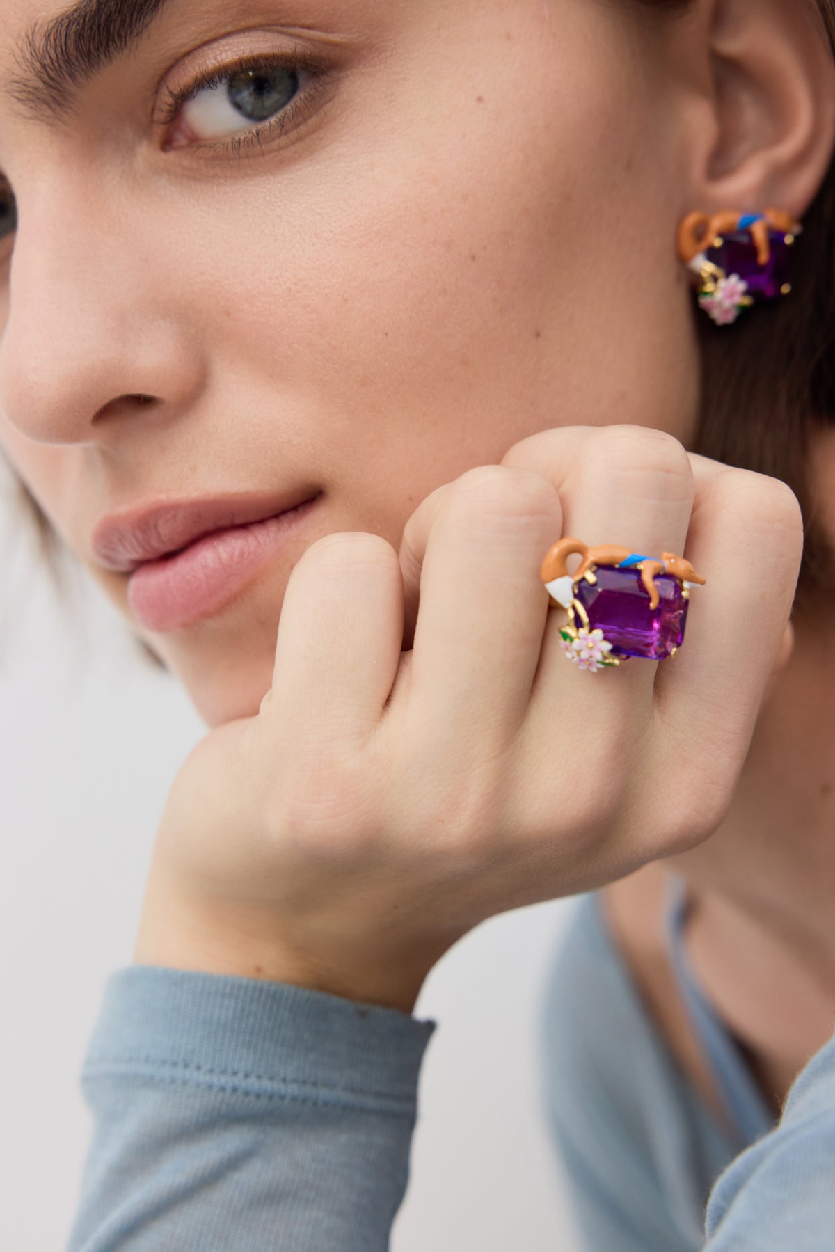 Purple rectangular stone, fox and flower pendant ring