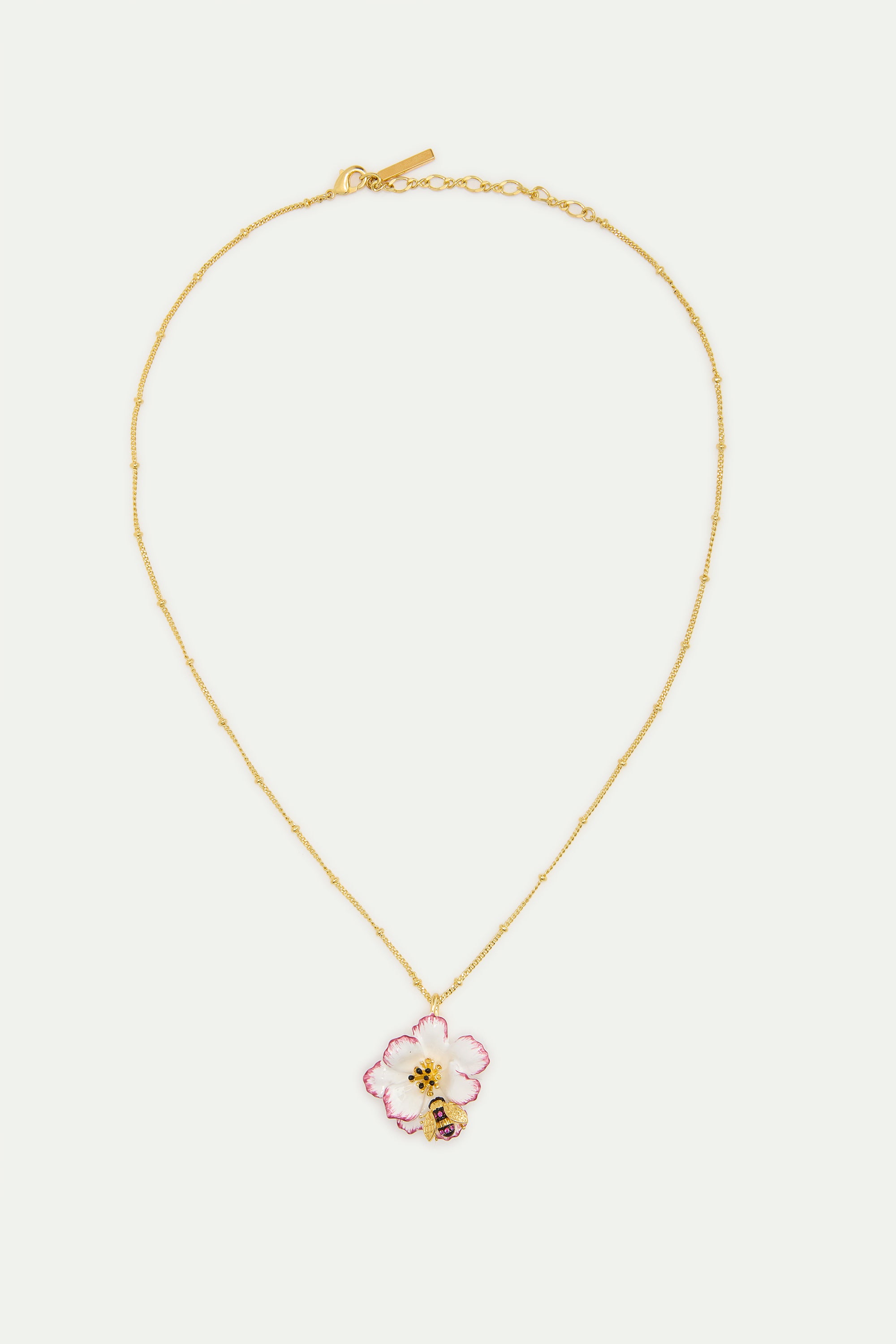 Collier pendentif cosmos blanche et rose et abeille dorée