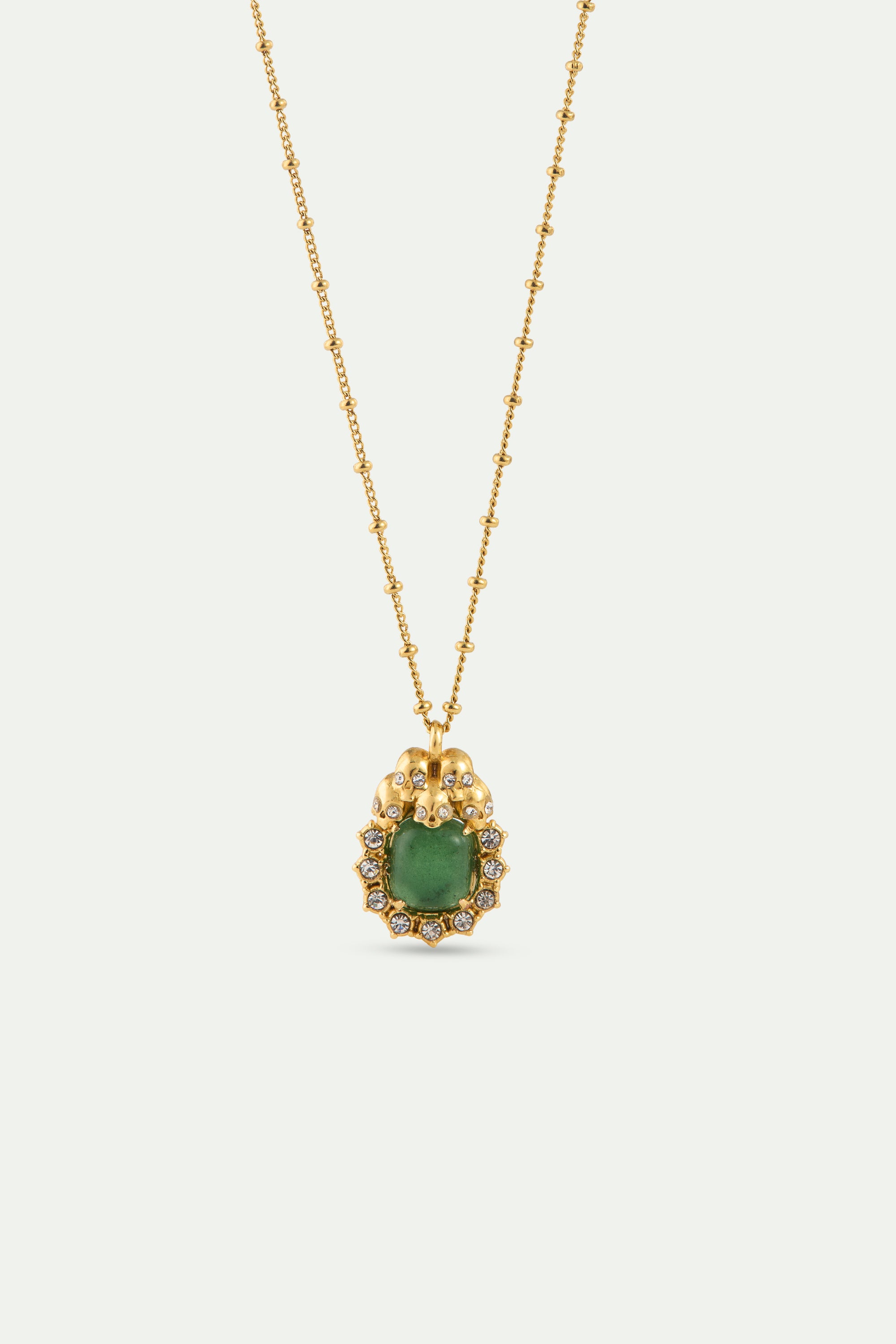 Collier pendentif aventurine verte, crânes et cristaux