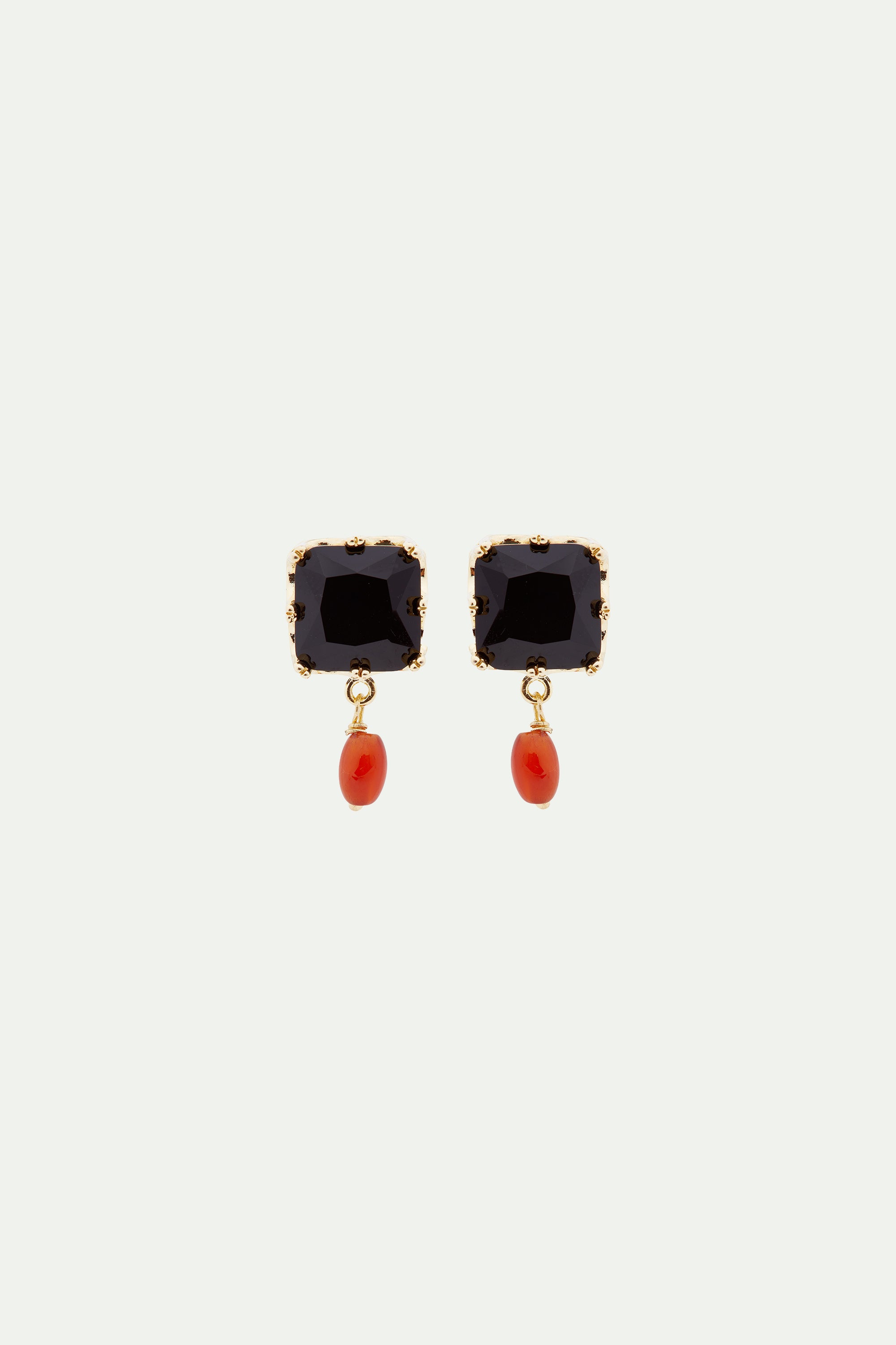Black square stone and bead post earrings