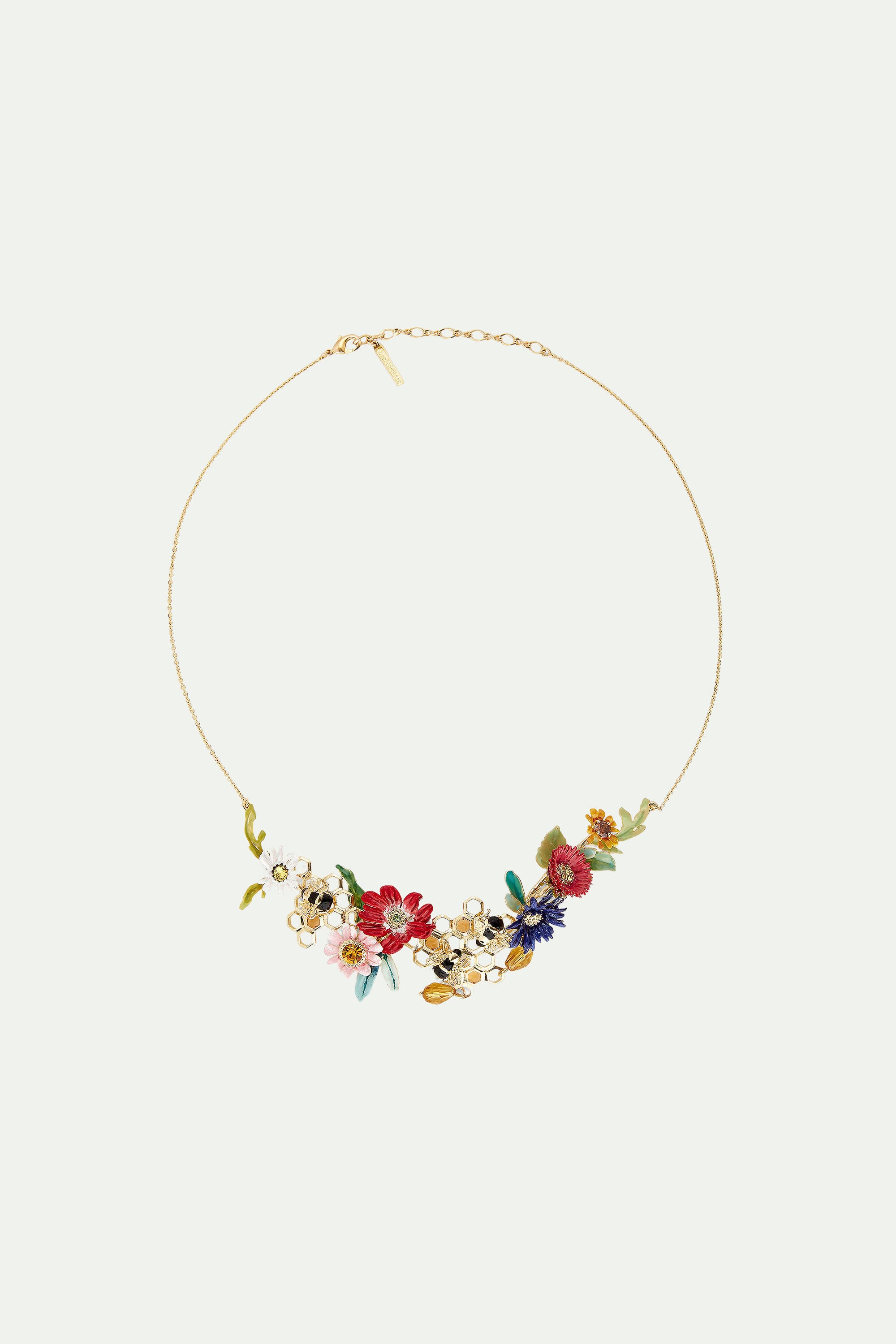 Flowers and bees on honeycombs collar necklace