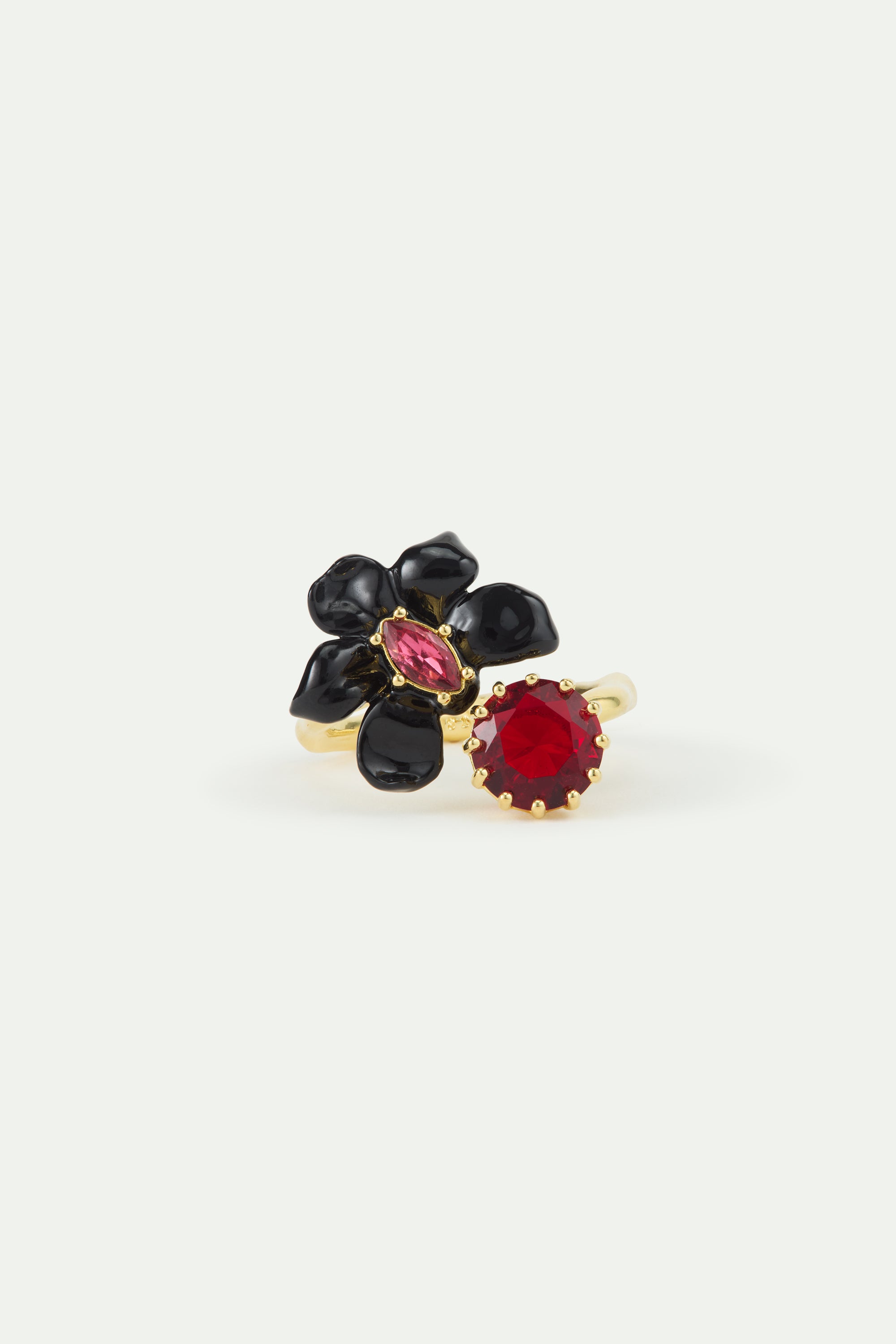 Bague ajustable orchidée noire, cristal rose et pierre facettée rouge