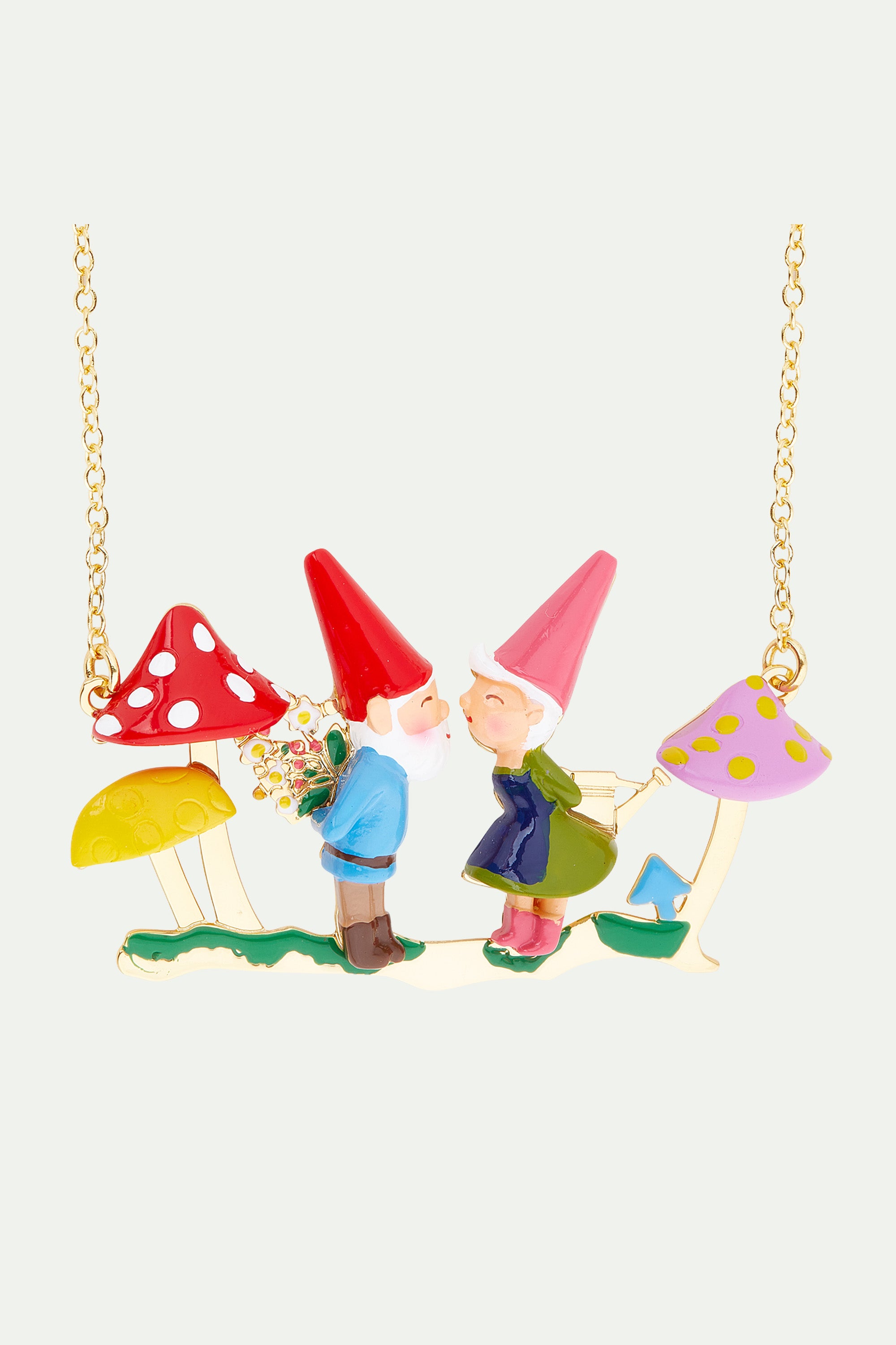 Garden gnome couple and presents statement necklace