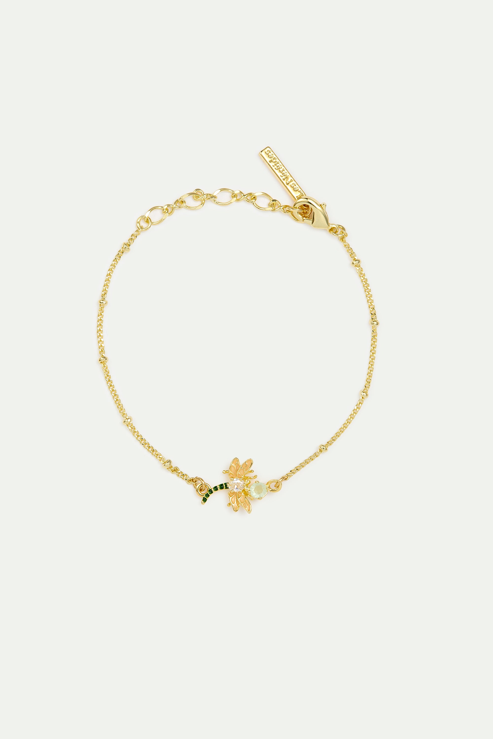 Bracelet libellule, hellébore rose et verre facetté vert