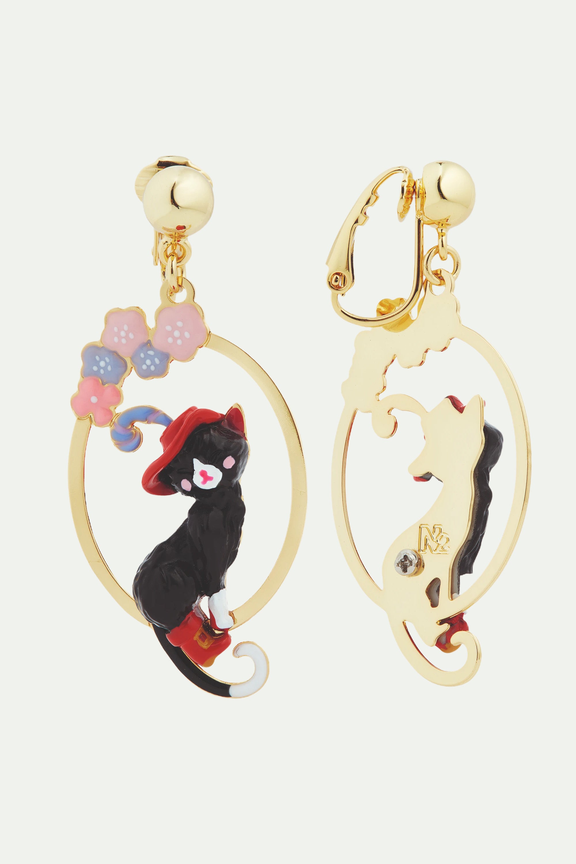 Charming cat and flower post hoop earrings