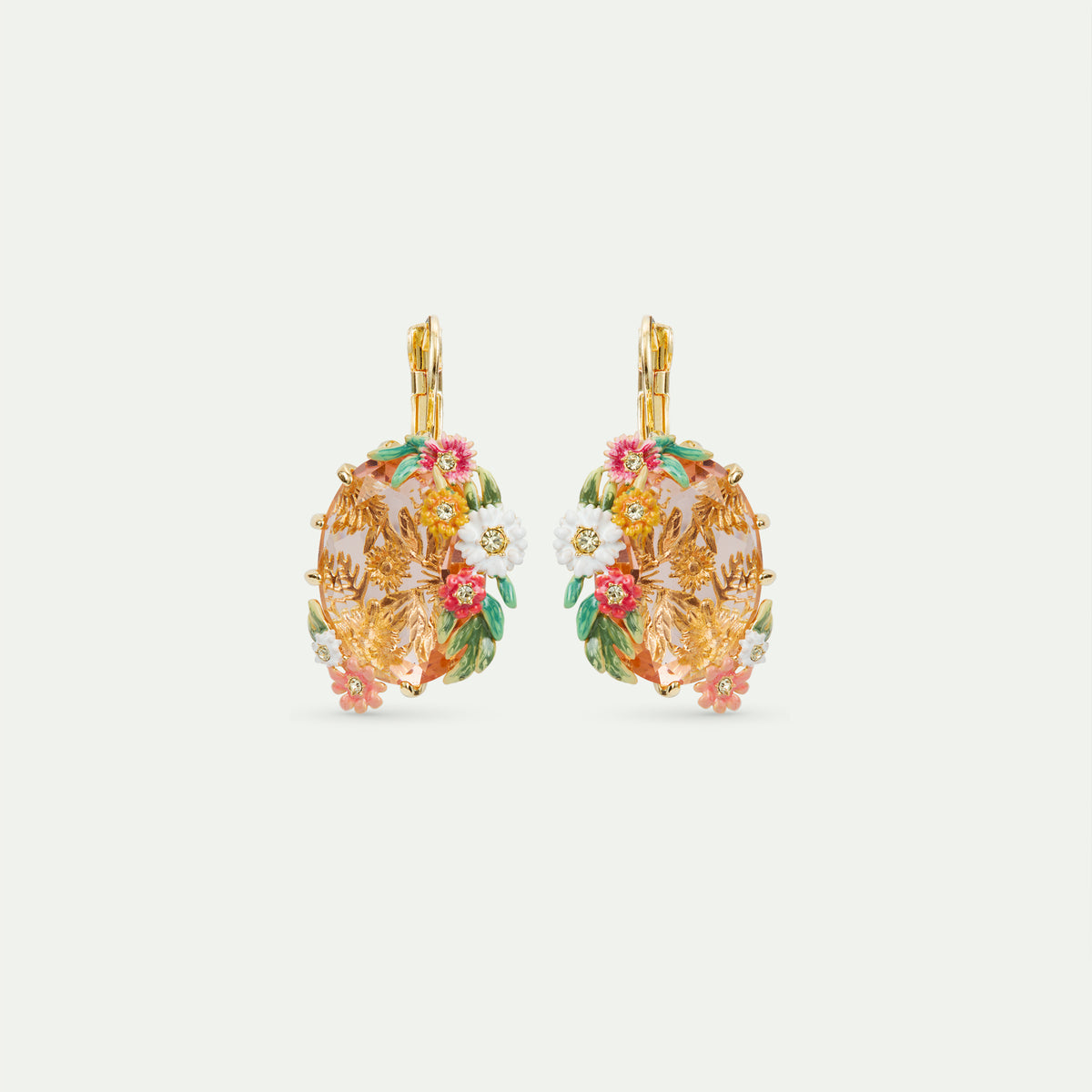 Boucles D'oreilles Dormeuses Plaqué Or Avec Strass Roses - Forme Navette 20x10mm, Occasion