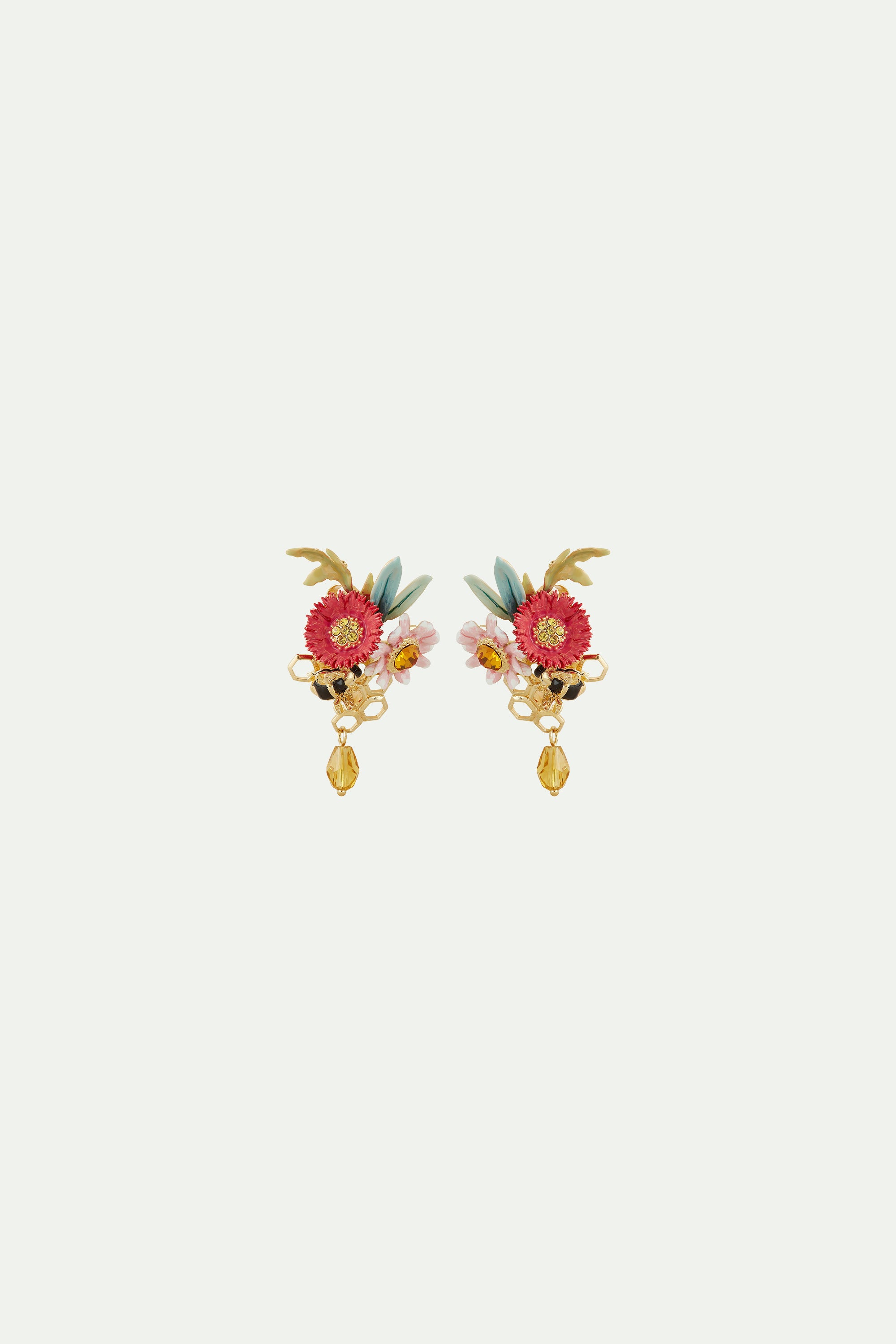 Boucles d'oreilles clips fleurs multicolores et alvéoles de miel