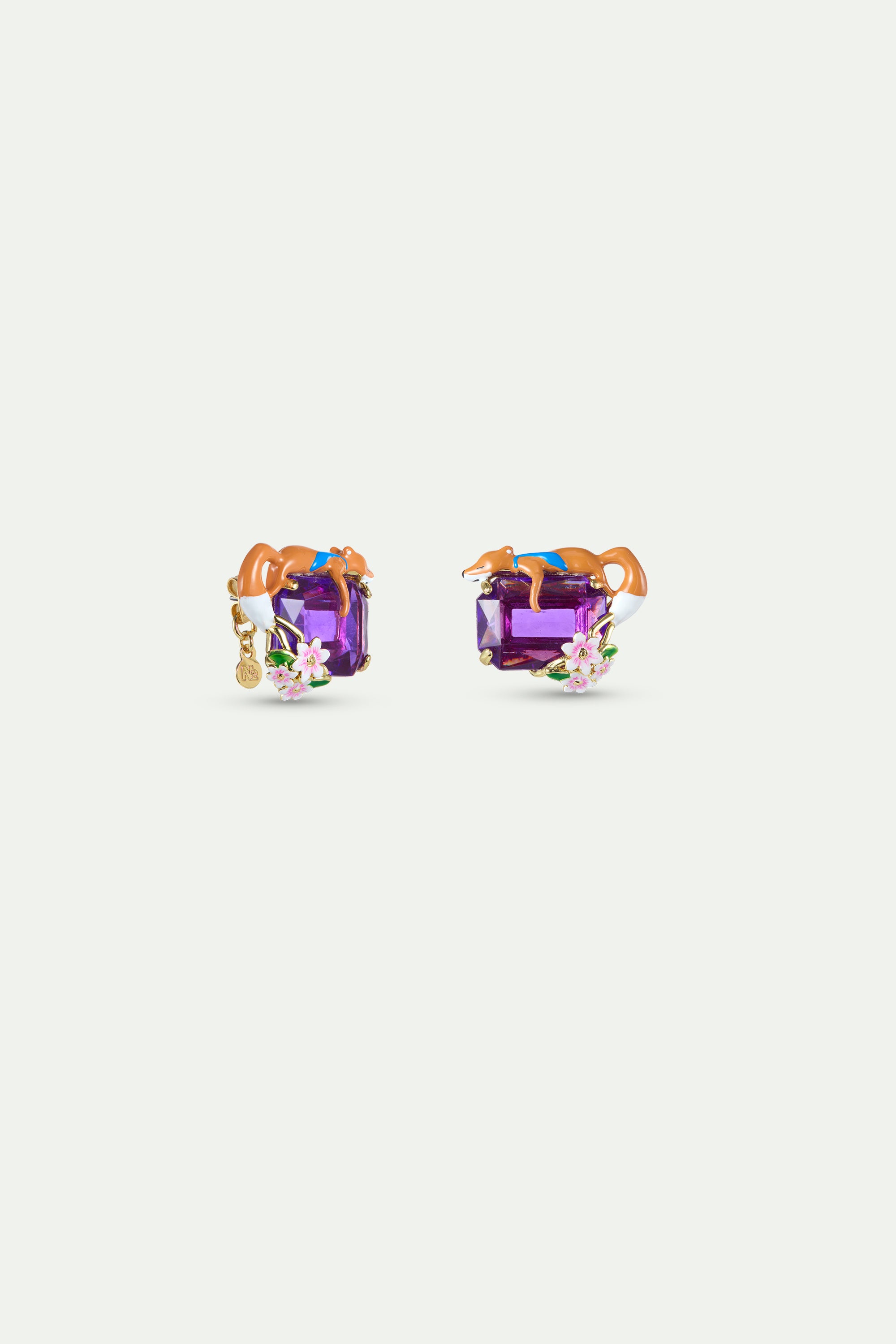 Boucles d'oreilles pierre rectangulaire violette, Renard et fleurs