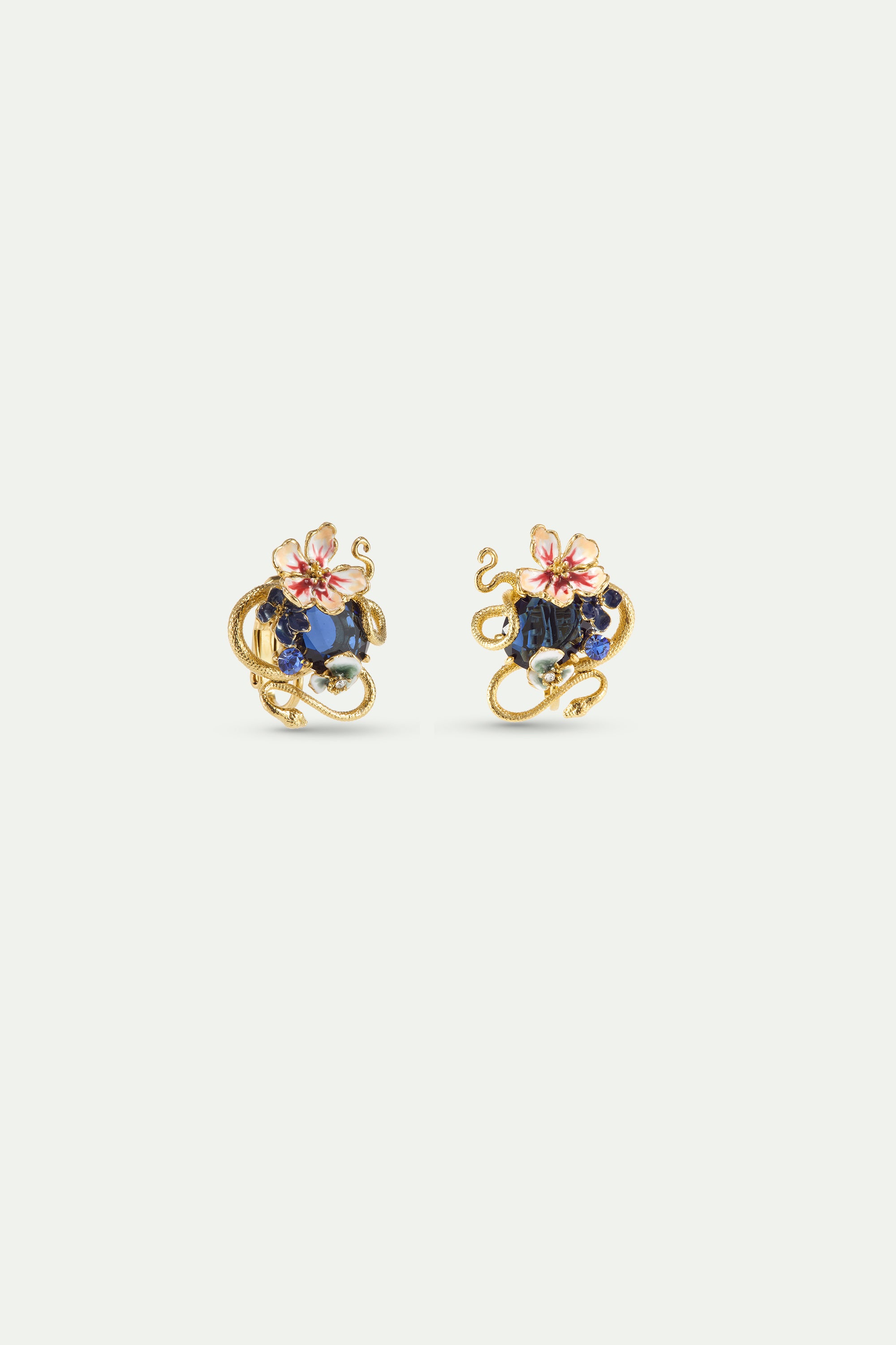 Boucles d'oreilles pierre facettée bleue, serpent doré et fleurs de Mauve