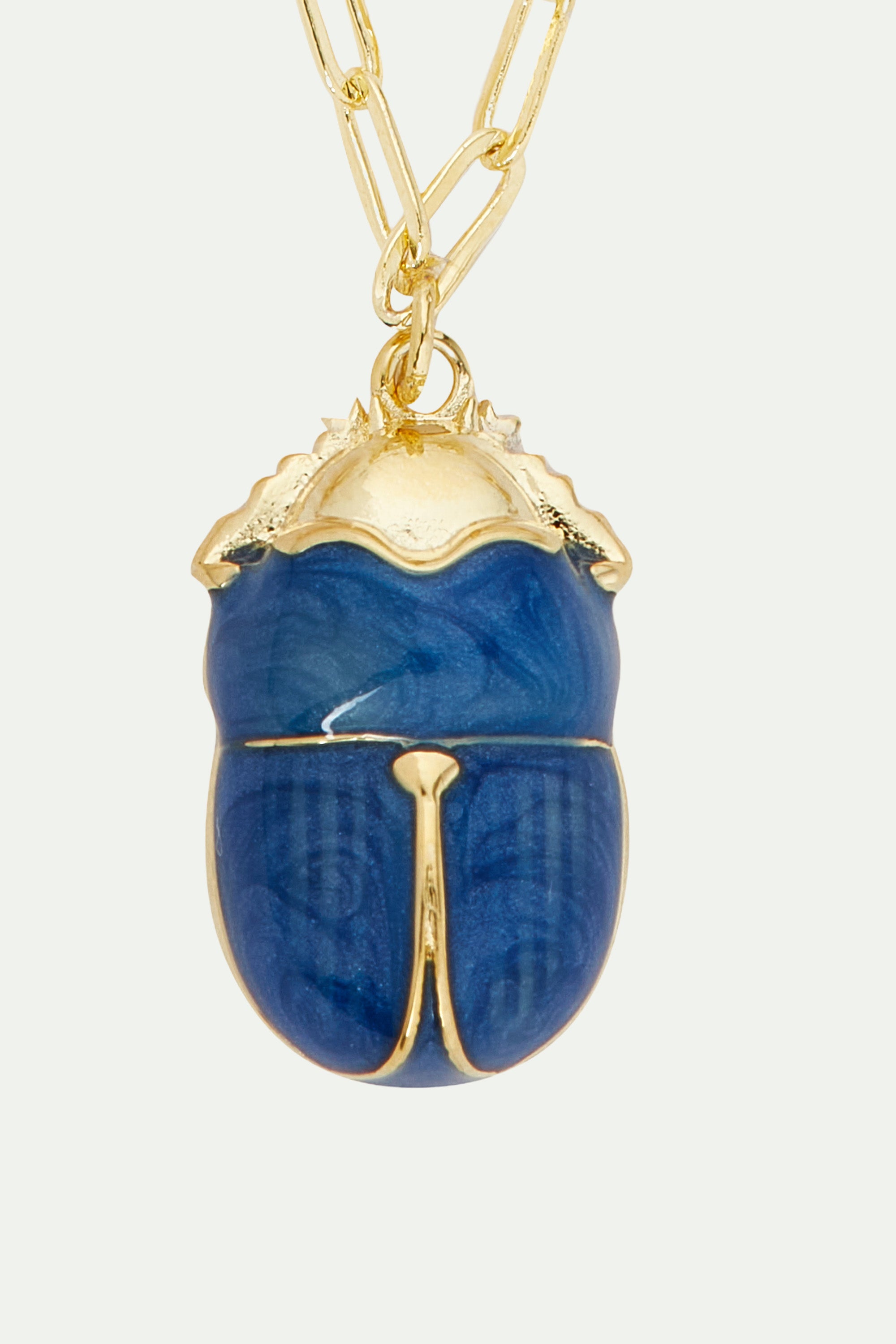 Blue scarab beetle and rectangle link chain necklace