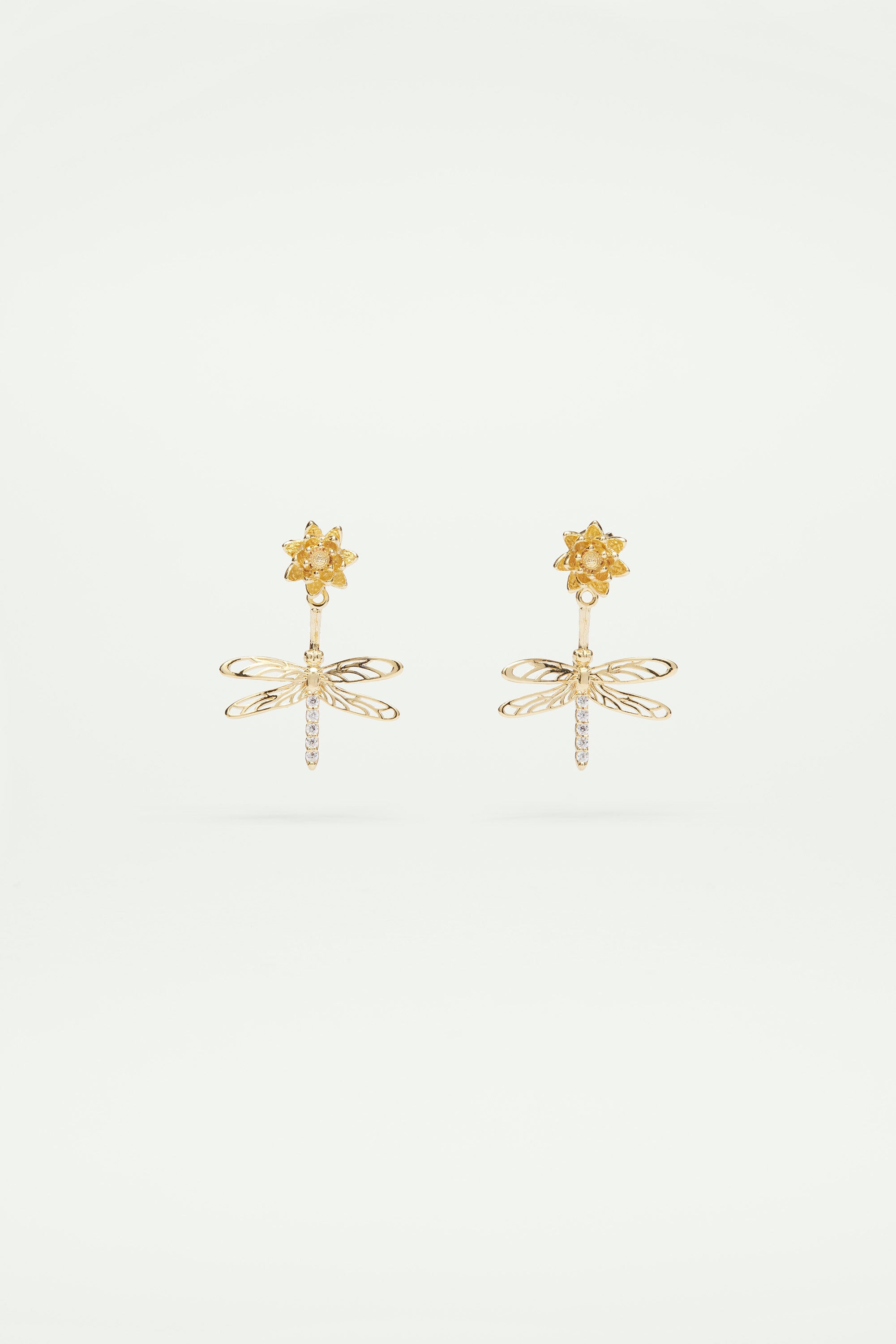 Boucles d'oreilles tiges pendantes libellule, fleur et cristaux