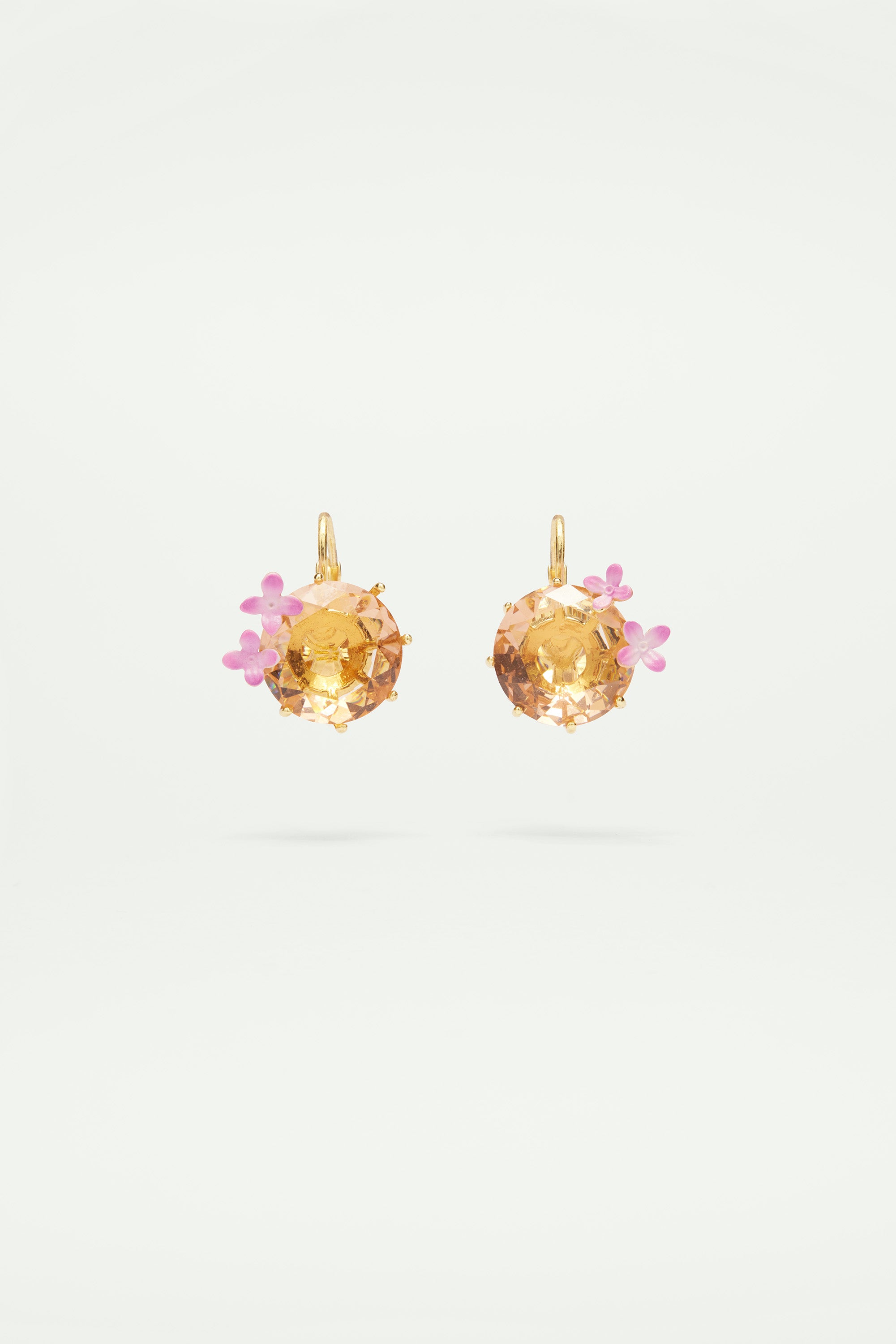 Boucles d'oreilles dormeuses fleurs et pierre ronde la diamantine rose abricot