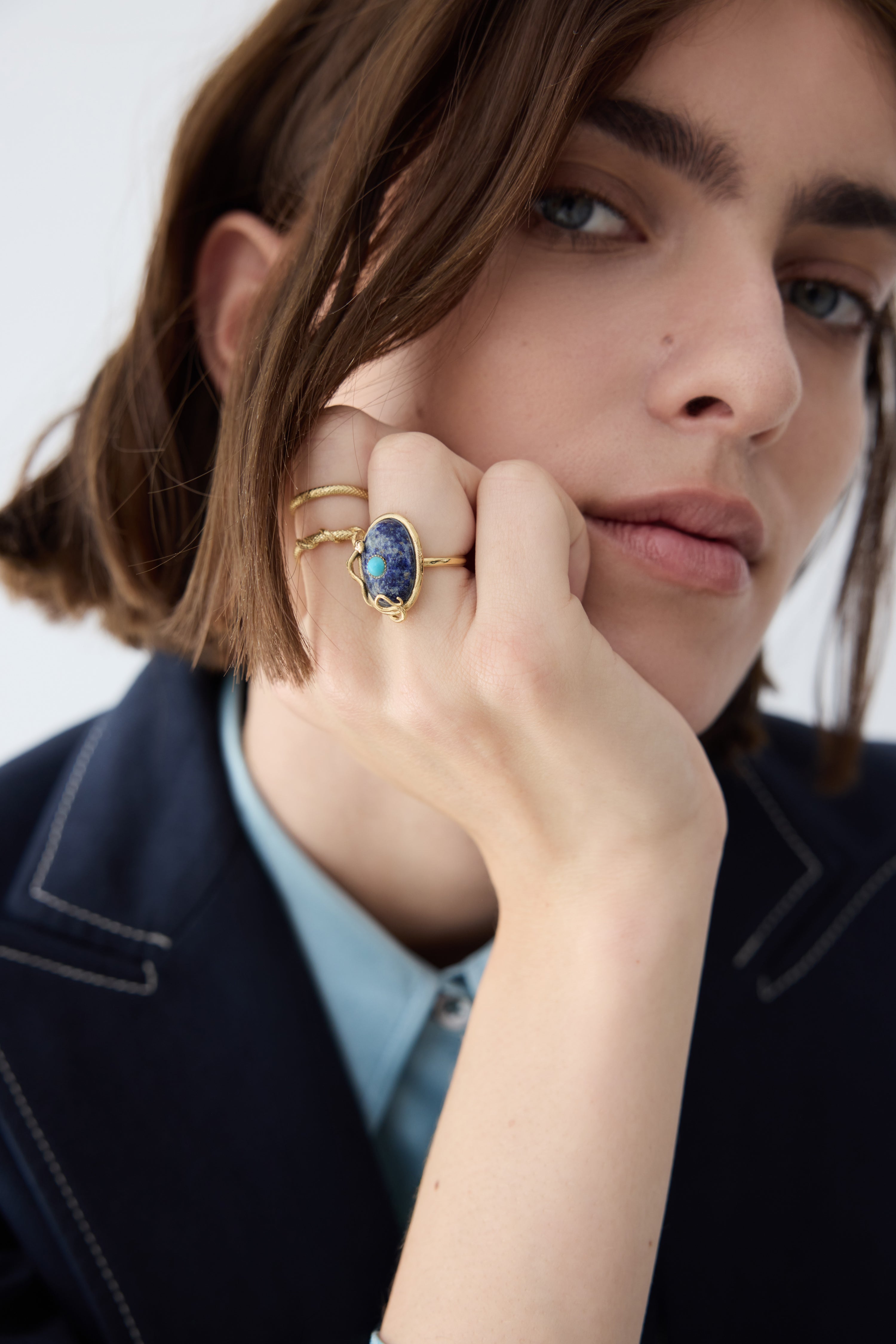 Bague lapis-lazuli et turquoise, serpent doré