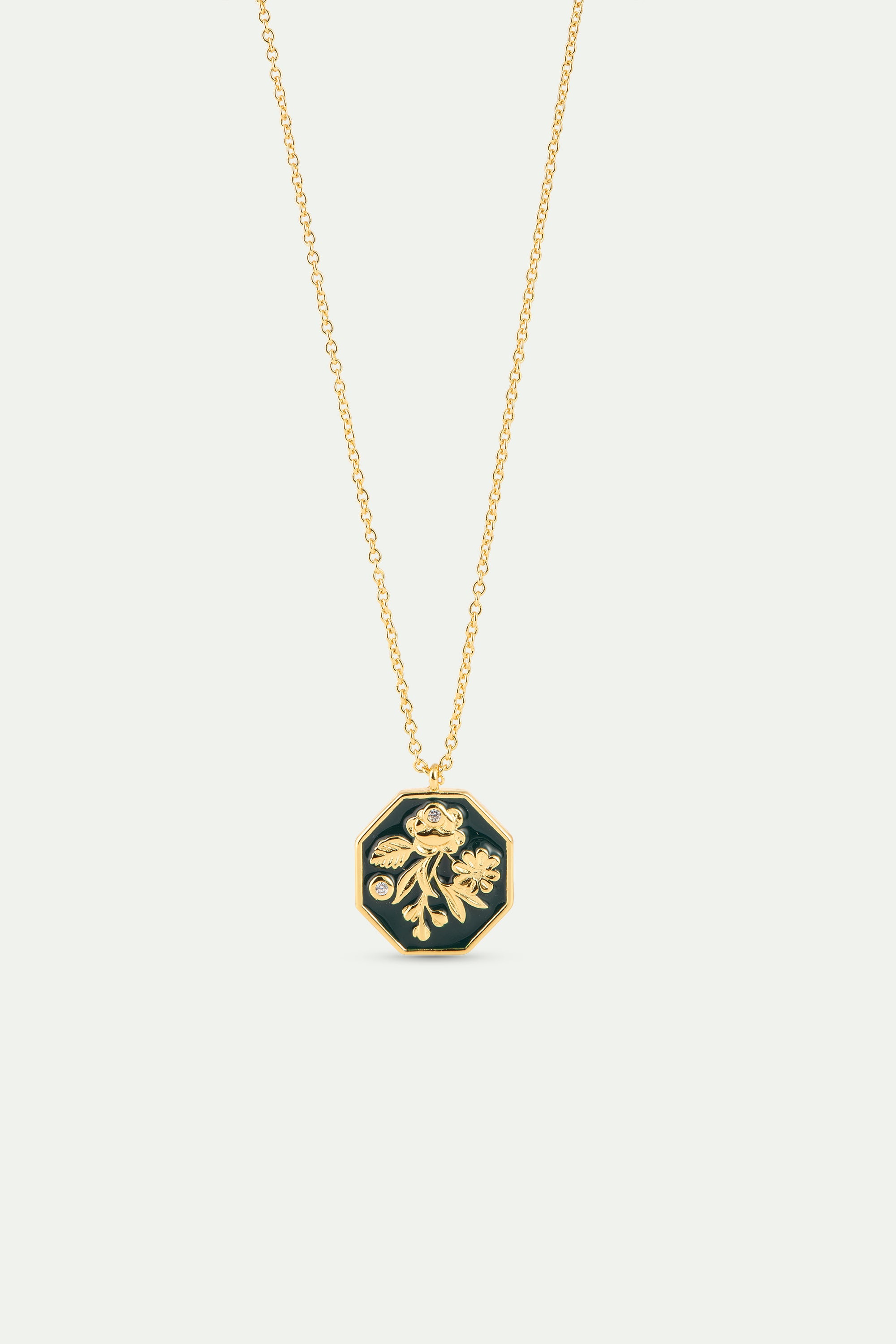 Collier pendentif médaillon vert fleur d'anémone